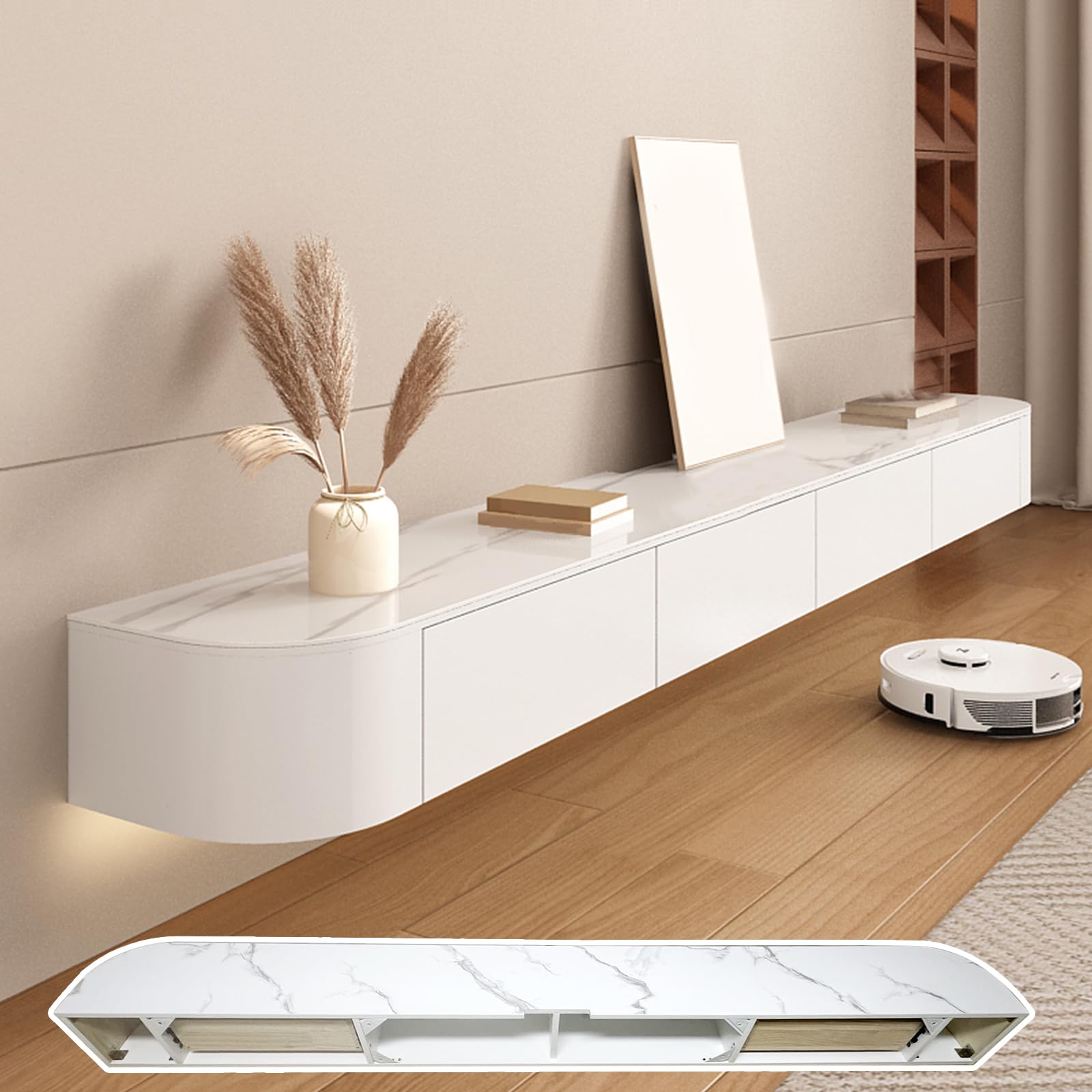 HYANXUE Floating TV Stand, Wall Mounted TV Shelves With Door,TV Media Console, Floating TV Cabinet Large Storage TV Bench Under TV (Textured, 140CM/55.1")