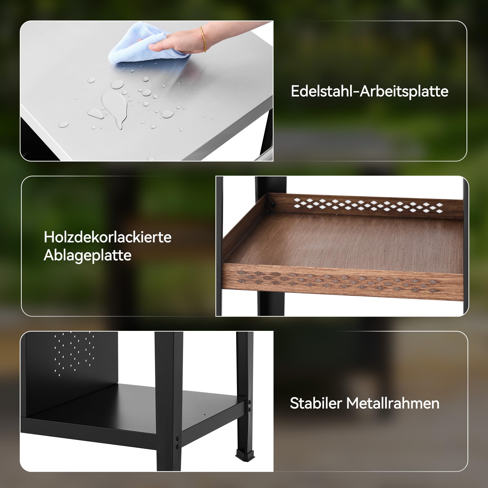 Royal Gourmet Table de Barbecue avec Plaque en Acier Inoxydable de 85 x 50 cm - Chariot de Barbecue à 3 étages pour Barbecue de Table et Fours à Pizza, Chariot avec poignées, Porte-Sac Poubelle et