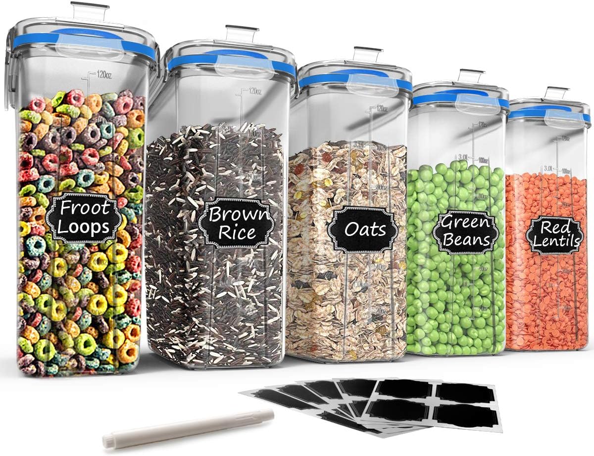 Wildone Large Cereal Storage Containers, BPA Free Airtight Cereal Containers Storage for Sugar, Flour, Snack, Baking Supplies, Dry Food Containers with Lids Blue - 5PCS (4L /135.3oz)