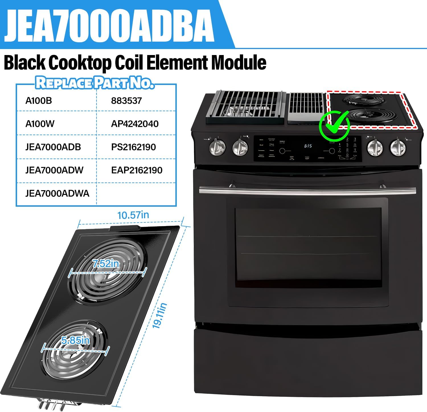 Upgraded JEA7000ADBA Coil Element Cartridge Assembly Compatible with Jenn Air Cooktop Replacement Parts,Black Electric Slide-in Ranges for Whirlpool Jennair Cooktop Parts Stove Range Burners Cartridge