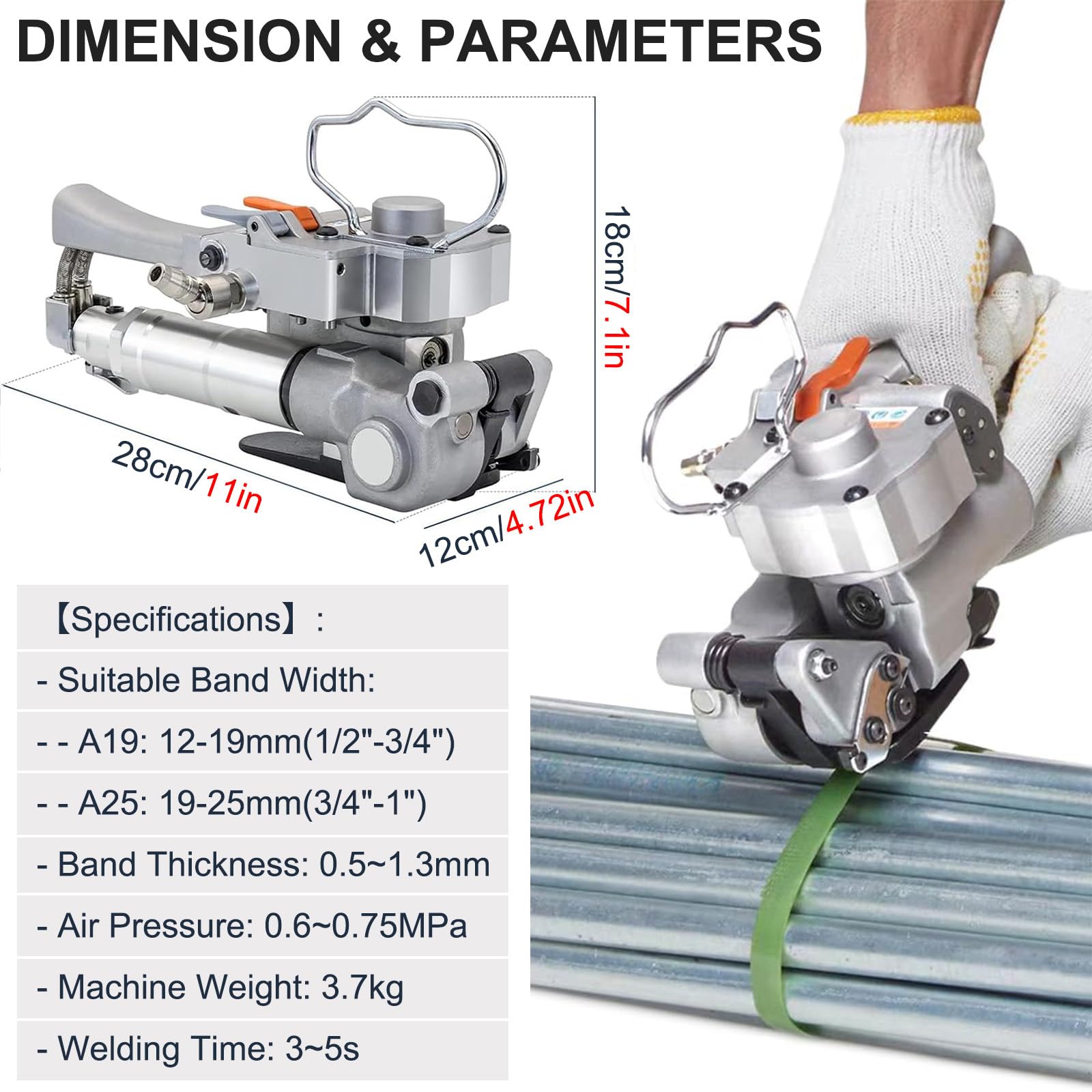 Machine de Cerclage Pneumatique pour Feuillard Pet/PP de 12-19mm / 19-25mm, Outil de Cerclage Automatique Portatif pour Emballage de Boîtes et Palettes A25