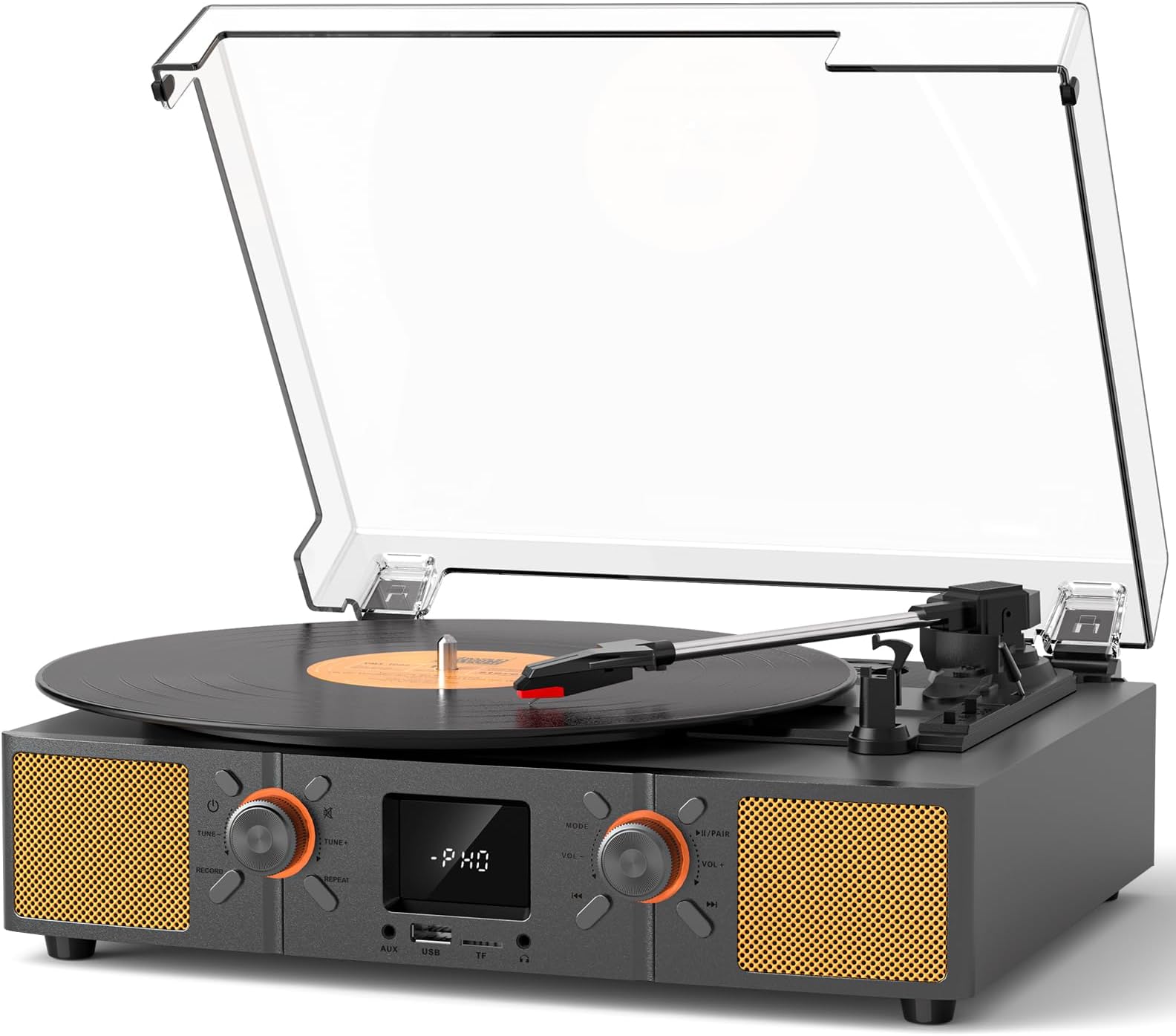 Vinyl Record Player with Speaker, 3-Speeds Bluetooth Turntable with FM Radio and LED Display, USB Recording, TF Card Playback, AUX Input & RCA Output, Portable Retro Record Player for home