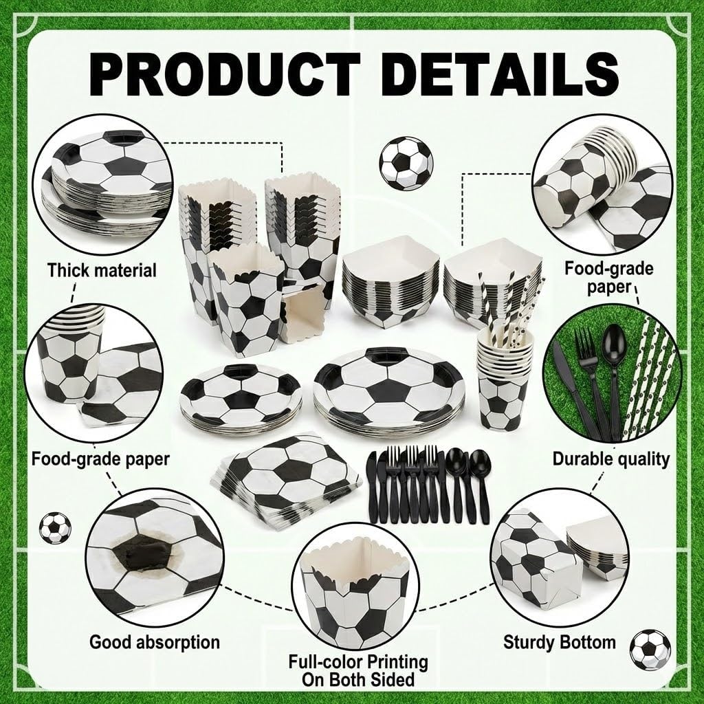 Soccer Party Supplies for 10 – 114 Pcs Set with Dinner & Dessert Plates, Cups, Napkins, Cutlery, Straws, Popcorn Boxes & Snack Trays | Disposable Sports Birthday Party Tableware