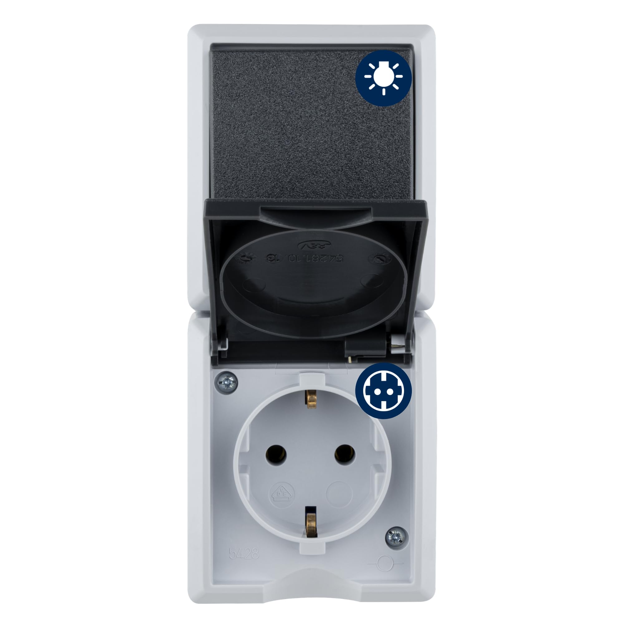 Rev Gray Aquaform, Socket - A/W Switch Combination, Ip44, Single Pole, Surface-Mounted, Vertical, Grey