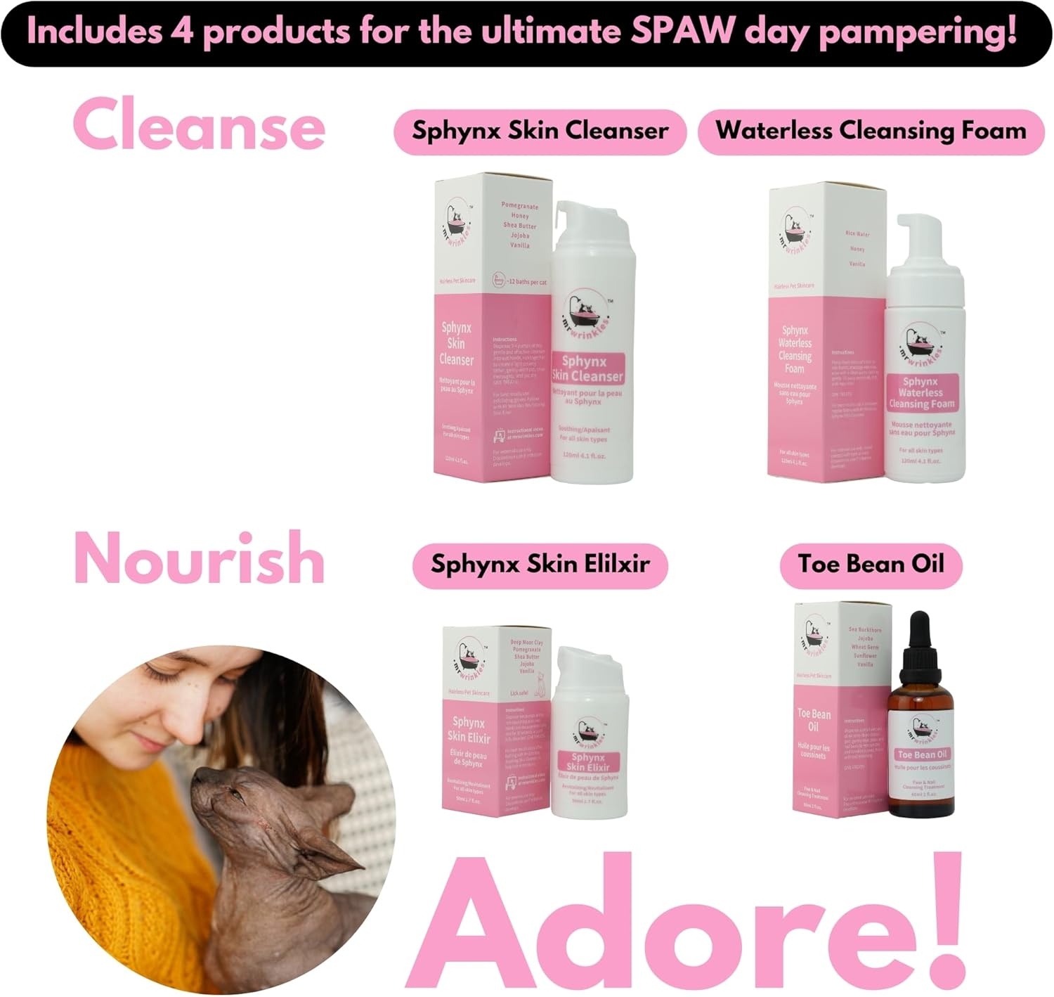 Ultimate Hairless Cat Skincare Kit, All-in-One Set, for Skin & Paws, 100% Natural Cat-Safe Ingredients