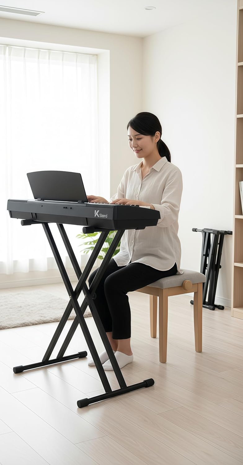 Quick Release Keyboard Stand with Locking Security Straps - Heavy Duty Adjustable X-Type Folding Piano Stand for Home, Studio & Stage Use