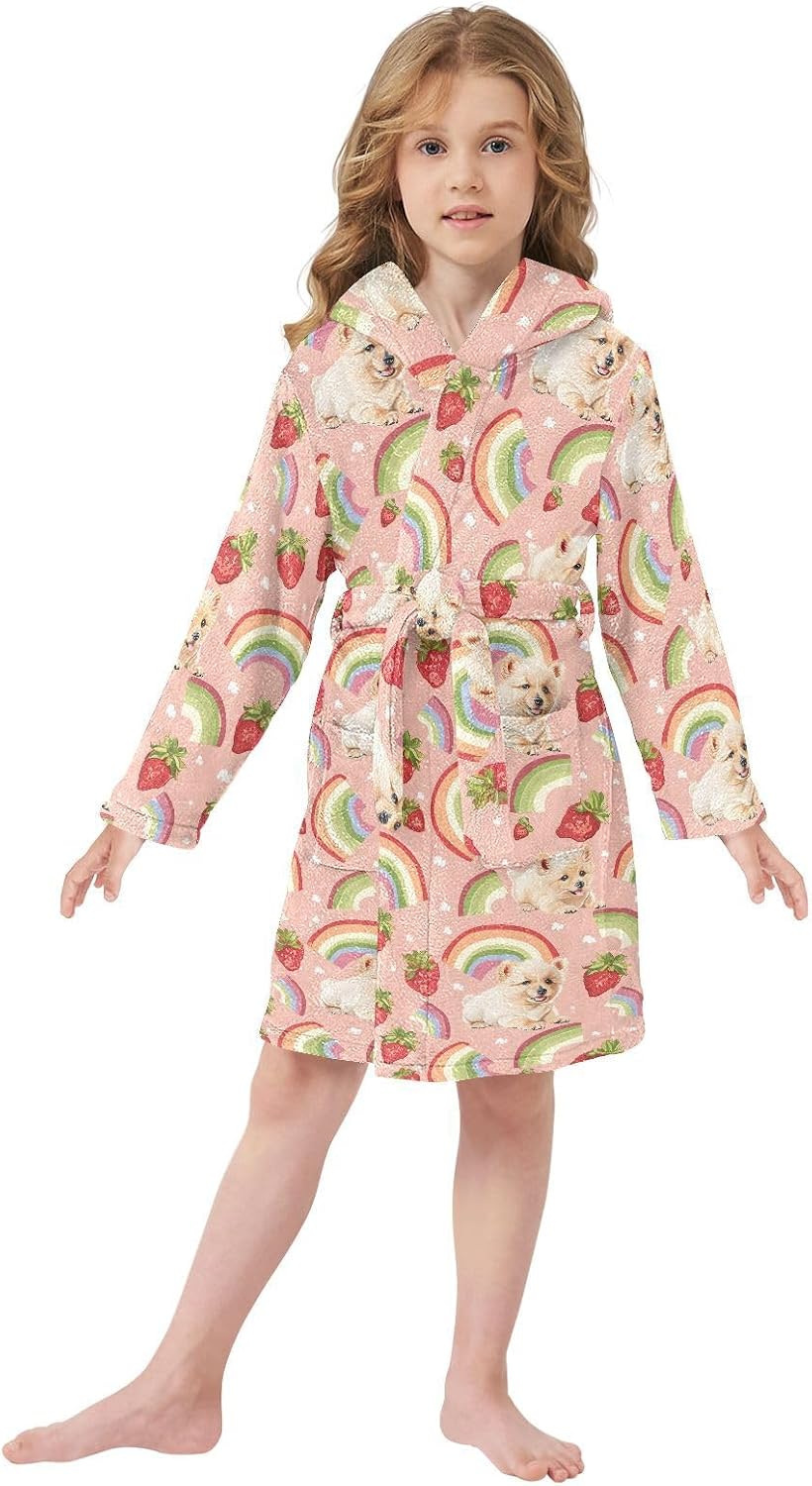 senya Strawberry Puppy Rainbow Toddler Hooded Bathrobe Kids Soft Plush Bath Towel Robes for Boys Girls 2-12 Years