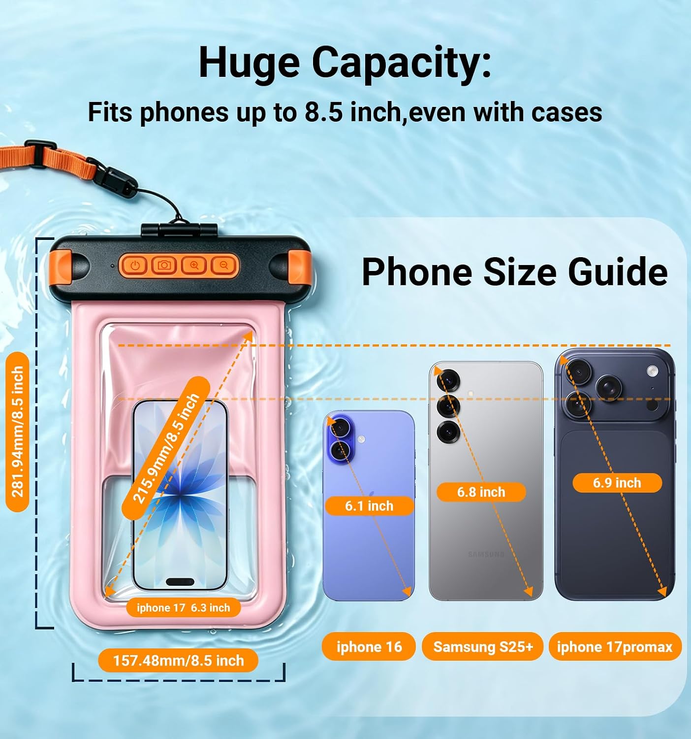 IP68 Bluetooth Shutter Waterproof Phone Pouch Case,Floating,Pink | Hands-Free Photo & Video Underwater Control.Large Waterproof Phone Case Universal Fit for 8.5" Phone(iPhone Samsung Google)