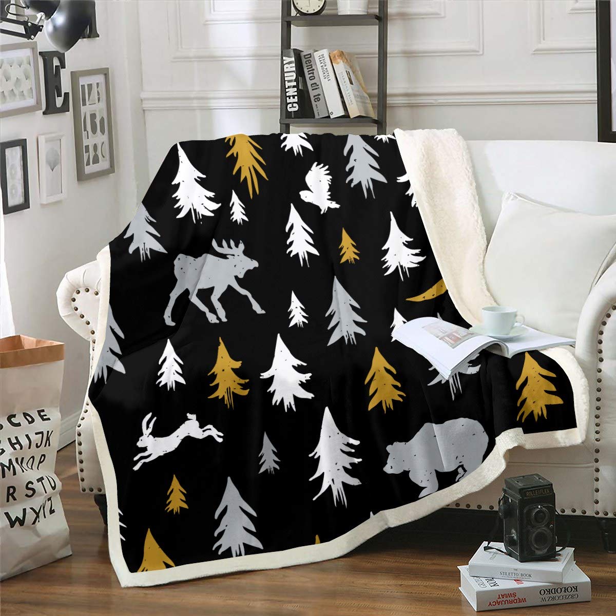 Fox Printed Fleece Blanket Deer Bear Fuzzy Blanket for Sofa Couch Teens Forest Tree Sherpa Throw Blanket Woodland Nature Theme Plush Blanket Blanket Double 60"x79"