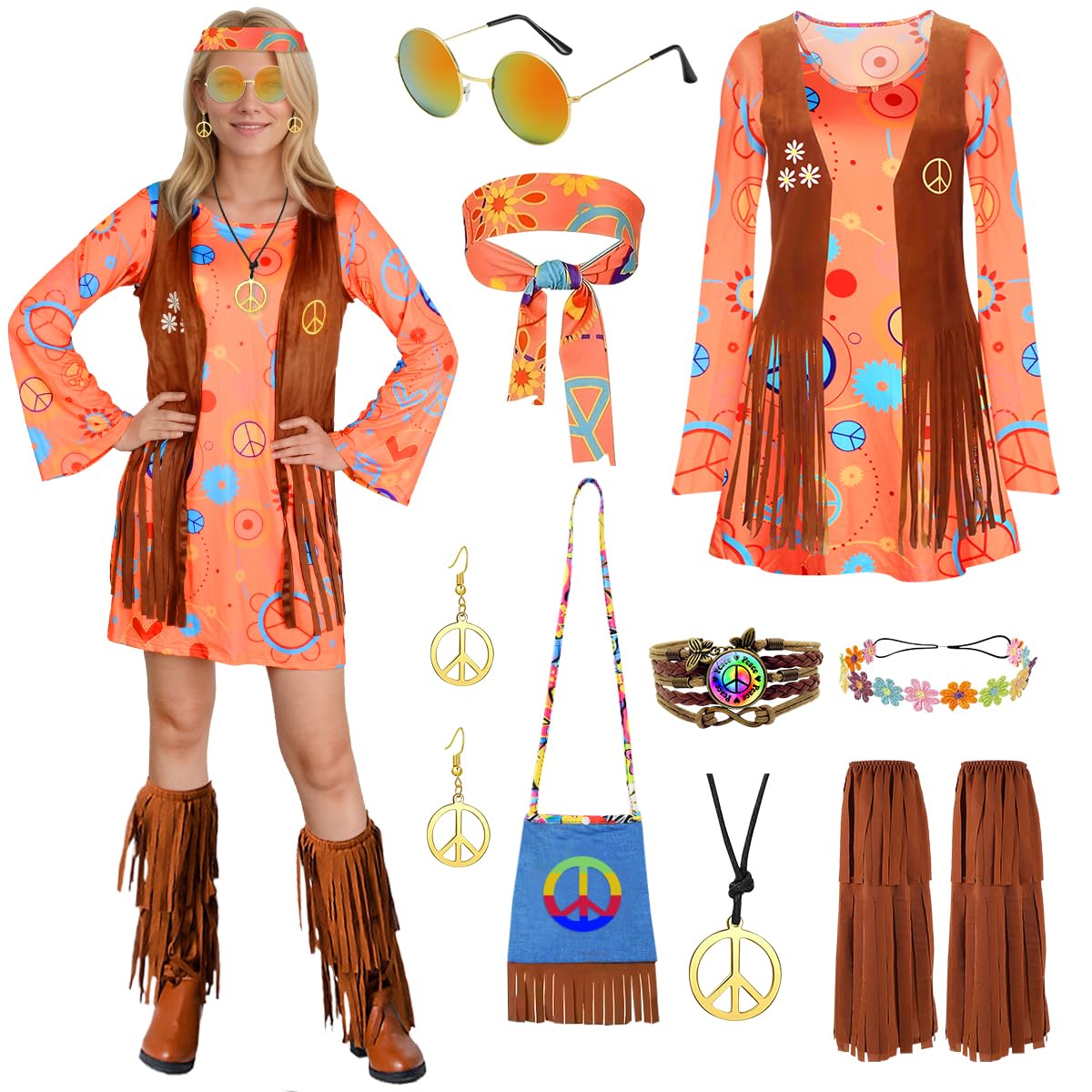 Disfraz Hippies Mujer, Conjunto de Disfraz Hippie Años 70 y Accesorios | Ropa Hippie y Chalecos con Flecos para Cosplay, Halloween, Carnaval y Fiestas de los Años 60 y 70
