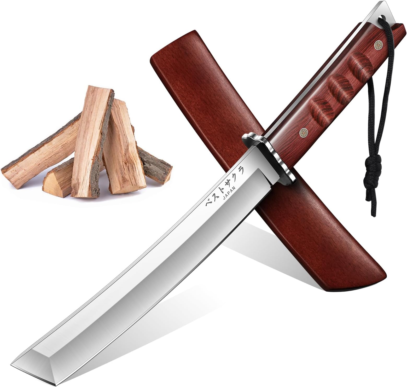 DRGSKL Japanese Fixed Blade Knife - Tanto Knives with Wooden Sheath - Survival Knives with Full Tang Handle - Bushcraft knives for Camping Outdoor, Gifts for Men