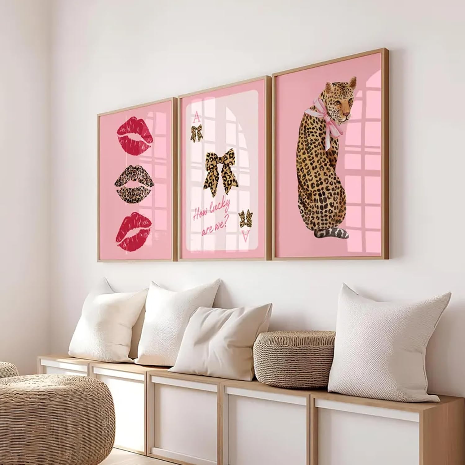 3 PCS Pink Cheetah Canvas Wall Art Pink Bow Painting Poster Fashion Leopard Wall Decor Cheetah Bow Pictures for Girls Living Room Bathroom Bedroom Home Decoration 12*16 in ( Stretched Canvas on A Wooden Frame)