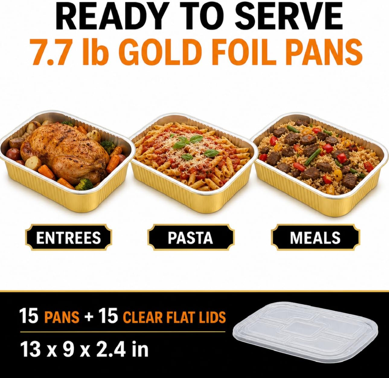 15 Pack Gold Foil Pans with Lids, Heavy Duty 13x9 Meal Prep & Baking | Extra-thick gold foil pans with clear lids. Durable for baking, storing, freezing, reheating, and takeout.