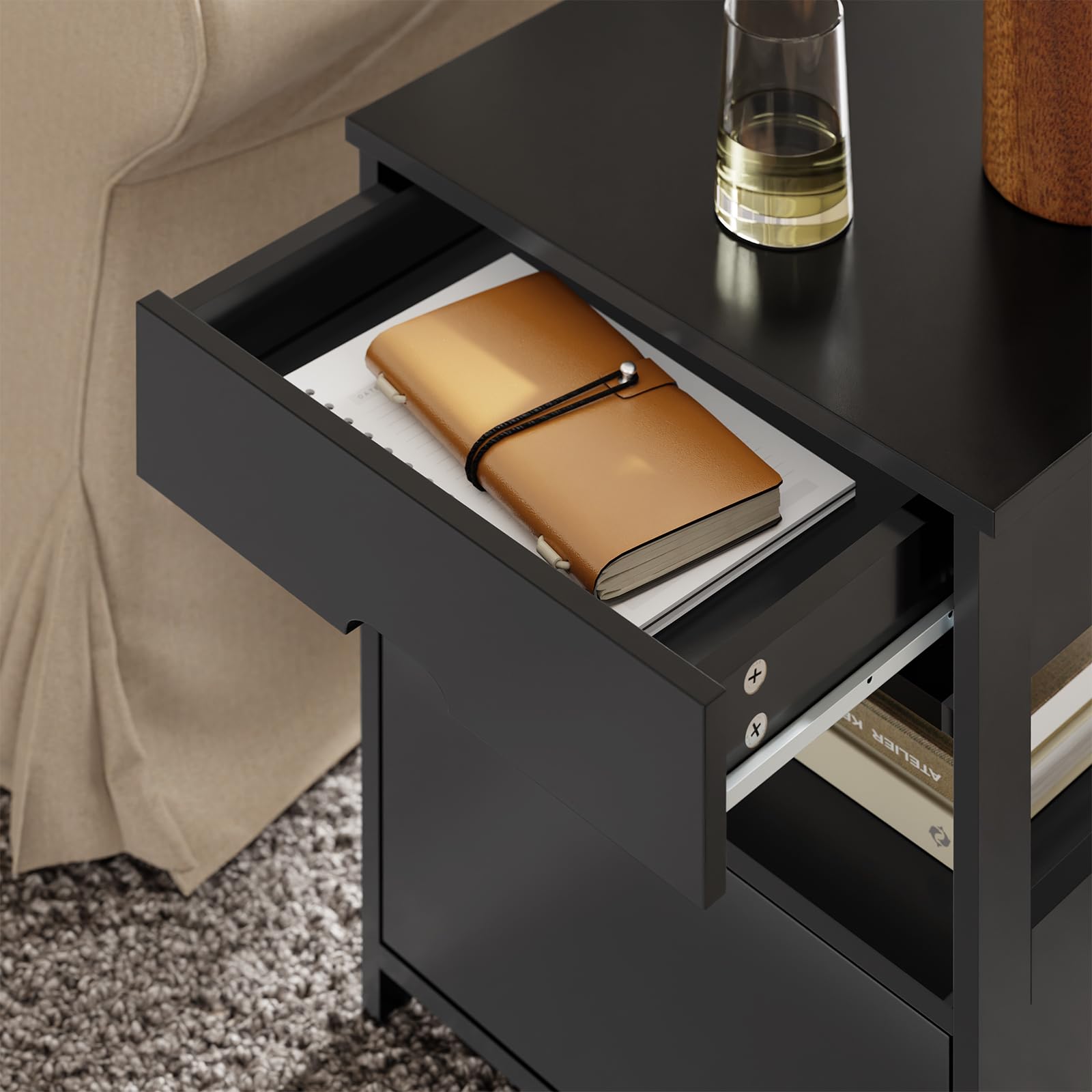 SoBuy Comodino Camera da Letto - Comodino con 2 Cassetti e 1 Ripiano, Tavolino Salotto - Moderna Cassettiera L45 x P38 x A55 cm Nero FRG258-SCH