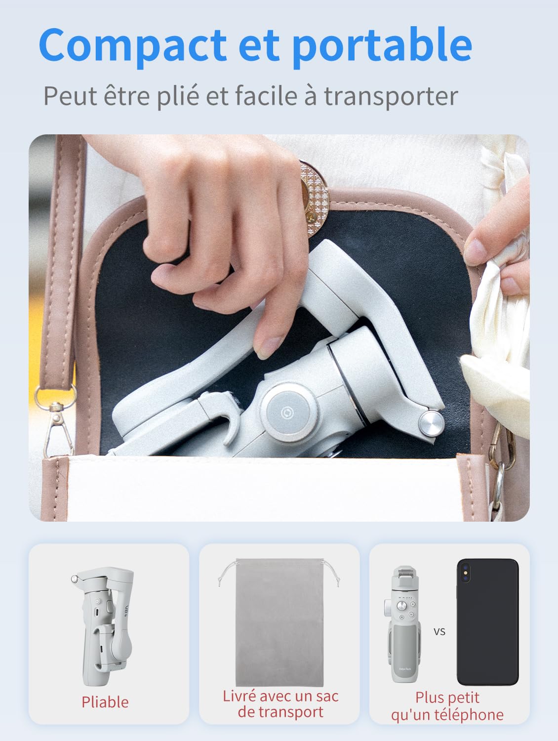 Feiyutech VB4 Kit Stabilisateur Smartphone avec Suivi 3 Axes,Traceur Magnétique AI 2-en-1&Lumière de Remplissage ACC.,Tige d'extension de 216mm,Charge utile de 260g,Stabilisateur pour iPhone/Android