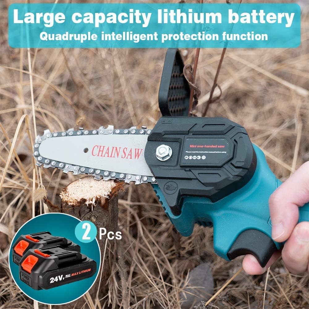 Mini Chainsaw, 4-Inch Guide Plate, 24V High Power Chainsaw, with 2 Batteries and 2 Chains, Household Lightweight Cordless Portable Chainsaw, Used for Cutting Branches and Wood, Patio, Lawn & Garden