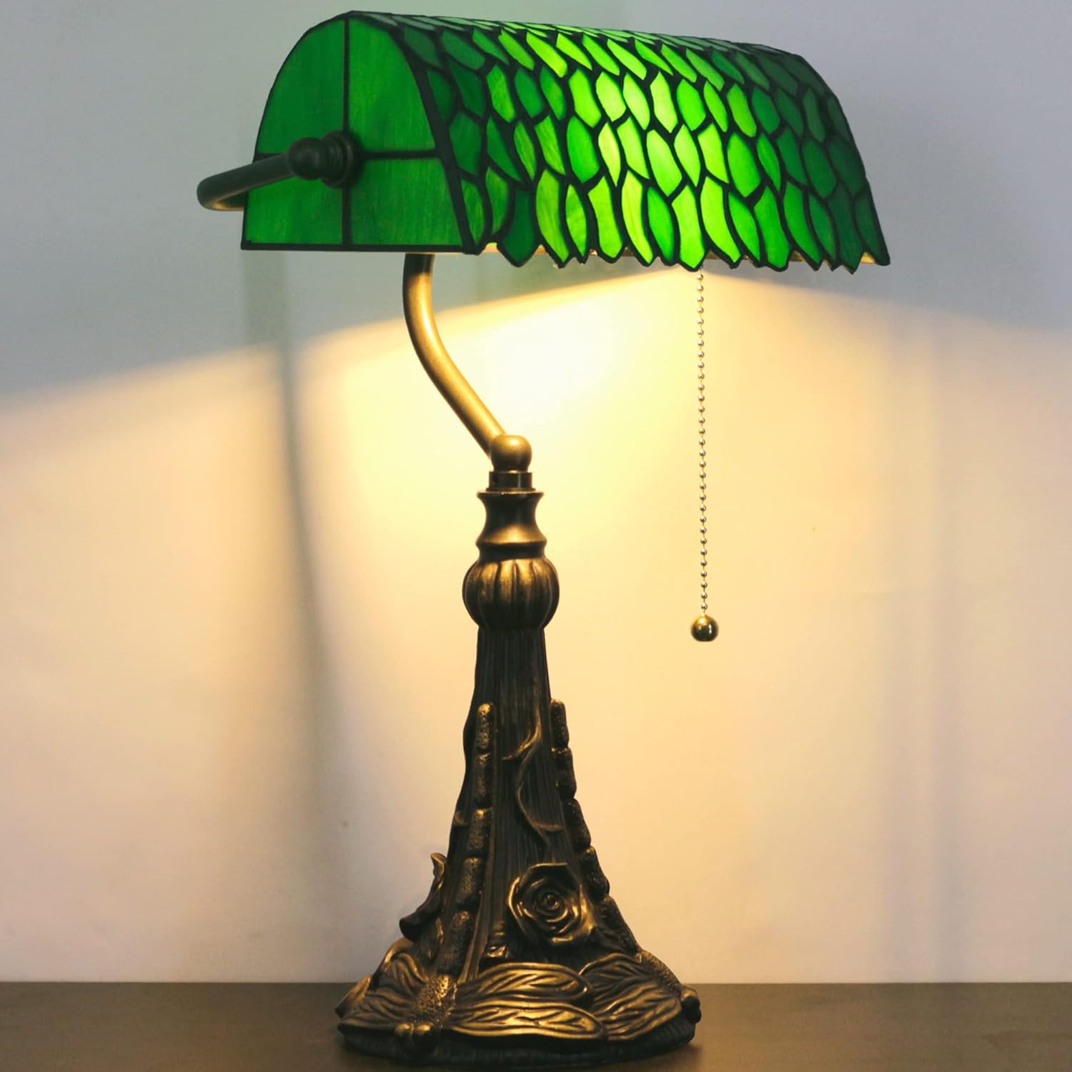 Tiffany Banker Lamp Small Stained Glass Table Lamp Tiffany Style Piano Light Green Wisteria Leaf Style Desk Lamp Angle Adjustable 10.6X15.7 Inch for Home Office Living Room Bedroom