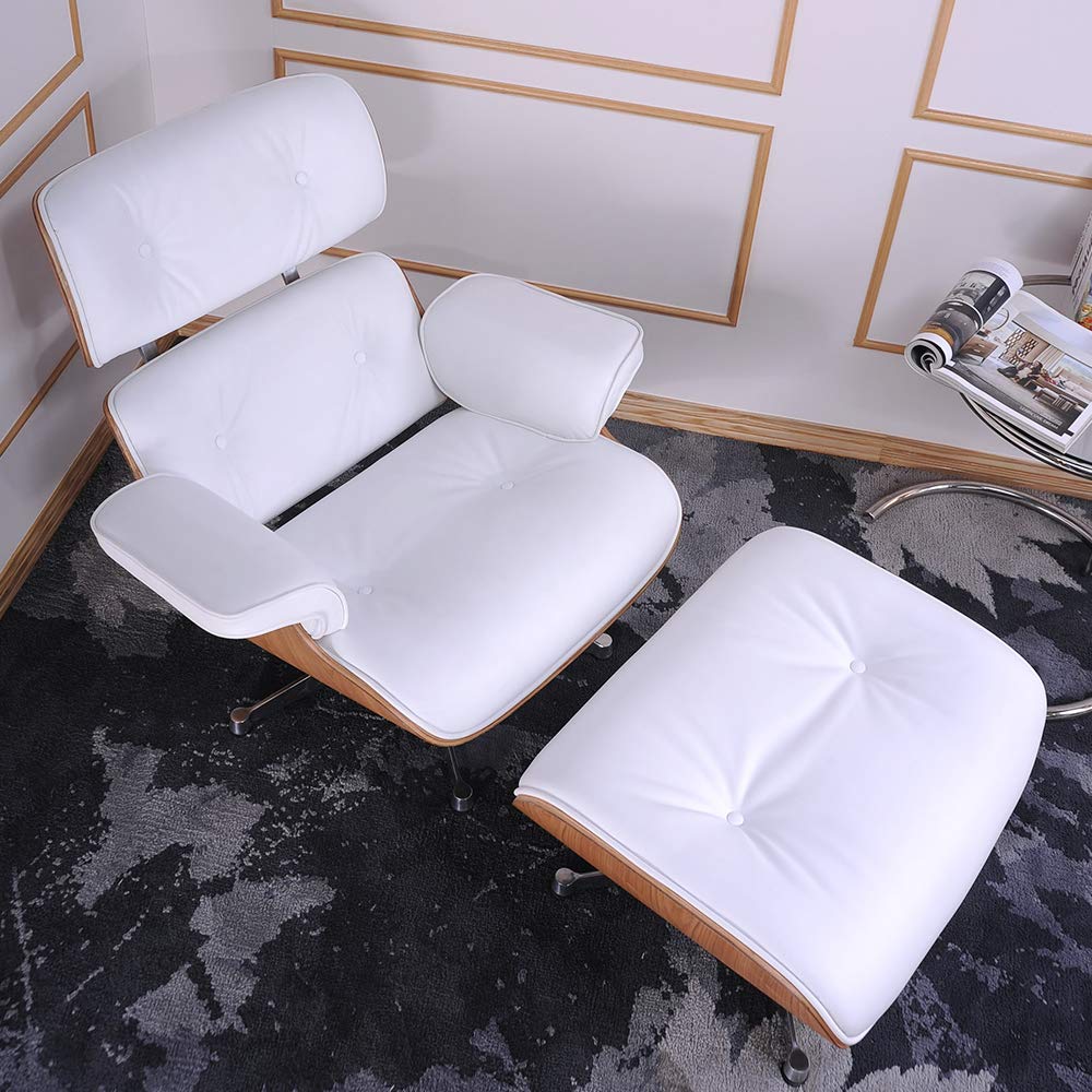 Fauteuil de salon avec pouf en cuir véritable et fond en aluminium robuste, chaise longue moderne pour chambre, salon, salon, bureau (bois de frêne+blanc)