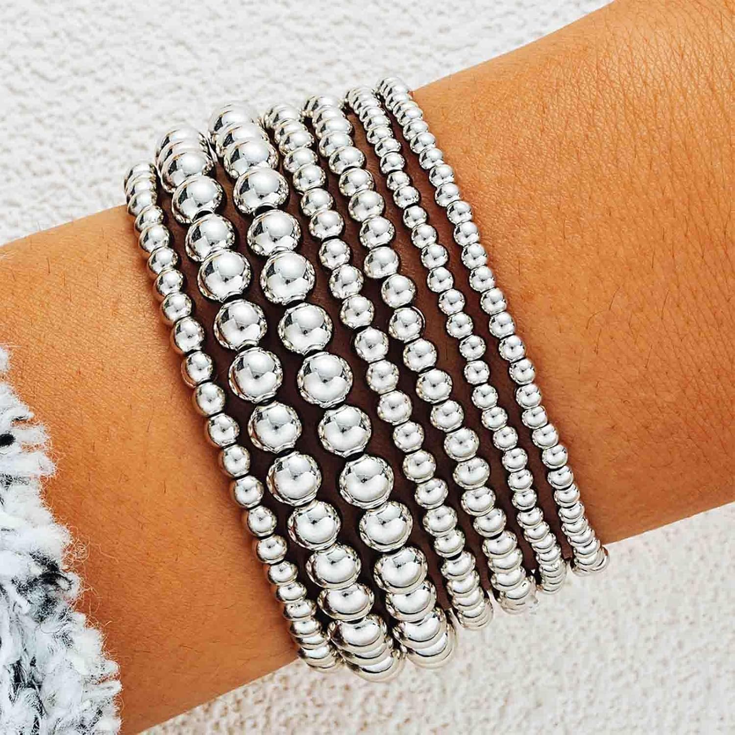 Vintage Gold Strand Stretch Bead Bracelet Layered Beaded Bracelets Elastic Round Ball Bracelet Minimalist Gold Beaded Bracelets Beads Hand Chain 7PCS Jewelry for Women - Image 2