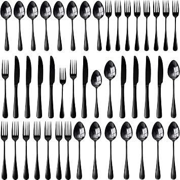 Kikcoin 42 Pcs Silverware Set for 8, Stainless Steel Flatware Set, Mirror-Polished Spoons, Forks and Knife Set, Cutlery Utensils Set for Kitchen, Wedding and Restaurant, Black