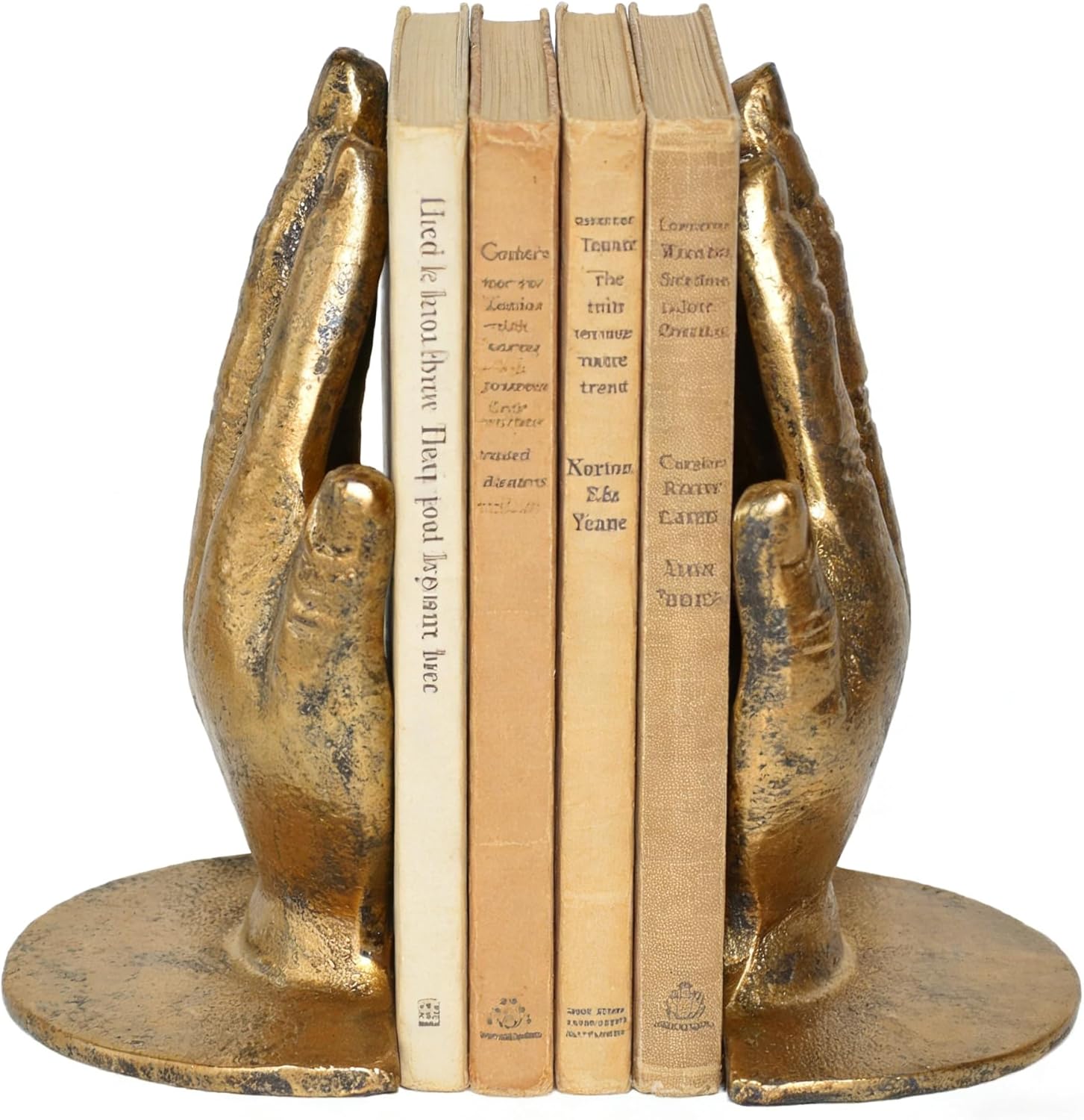 Hand Bookends Decorative, Heavy Duty Cast Iron Book Holder, Prayer Hand Book Ends for Shelves Living Room Home Decor Office, Antique Gold, 1 Pair/2Pieces
