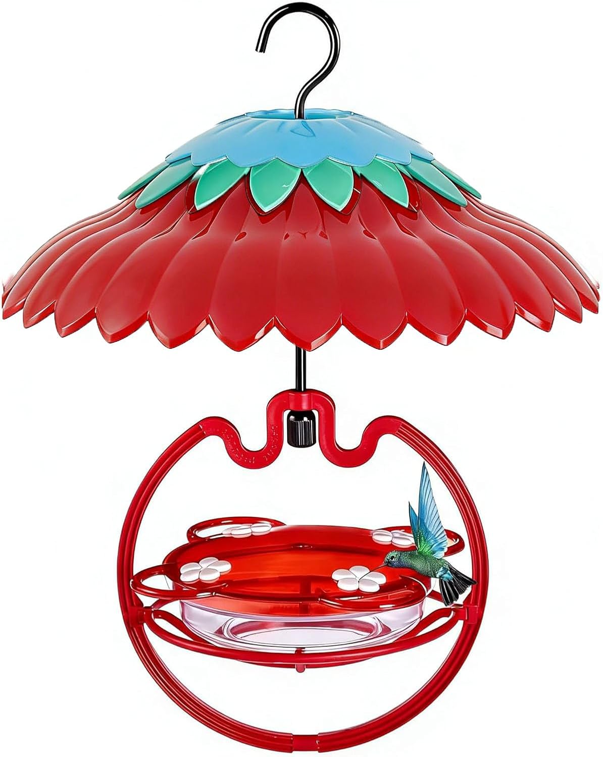 Shirem Hummingbird Feeder Sweety Hanging High View with Rain Cover for Outdoors 9.5 OZ with 4 Bee Guard Feedering Ports, 11" Dome Weather Ant Proof by Beserie,Red