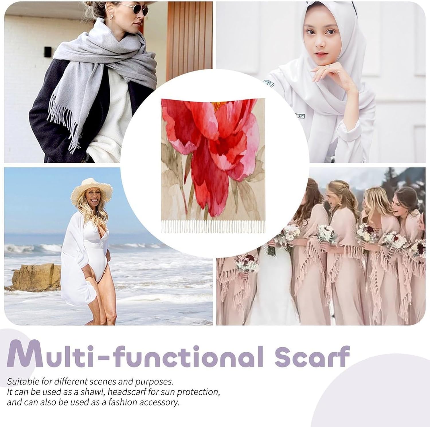 Red Floral Scarfs for Man Women Winter Scarf Long Shawl Wraps Fashion Classic Tassel Scarfs Soft Blanket Scarves