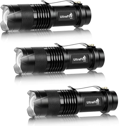 ULTRAFIRE 3 Pack Mini Flashlights Focus Adjustable SK68 Single Mode Tactical LED Flashlight, Ultra Bright 300 Lumens Torch