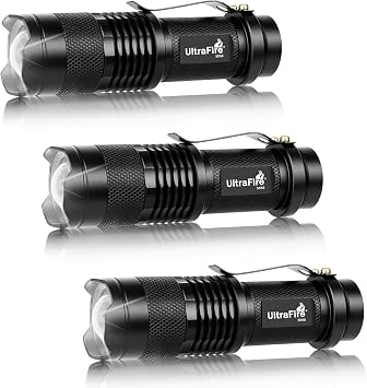 ULTRAFIRE 300 Lumens Single Mod Mini AA LED Flashlights 3 Pack | Adjustable focus for flood or spot lighting; aluminum body; uses 1 AA or 14500 battery per light; batteries not included.