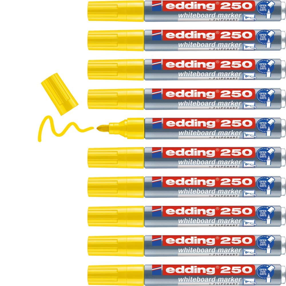 edding 250 whiteboard marker - yellow - 10 whiteboard pens - round tip 1.5-3 mm - whiteboard pen dry wipe - for whiteboards, flipcharts, pinboards, magnetic and memo boards - sketchnotes