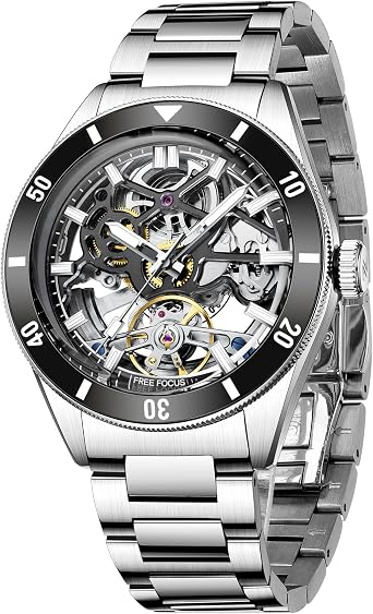 Free Focus Unique Mens Watch, Automatic Mechanical Watch, Luxury Skeleton Tonneau Watch, Stainless Steel Case and Silicone Band Lubeam/8ATM Waterproof/Superluminous, Black_Silver, Bracelet Type