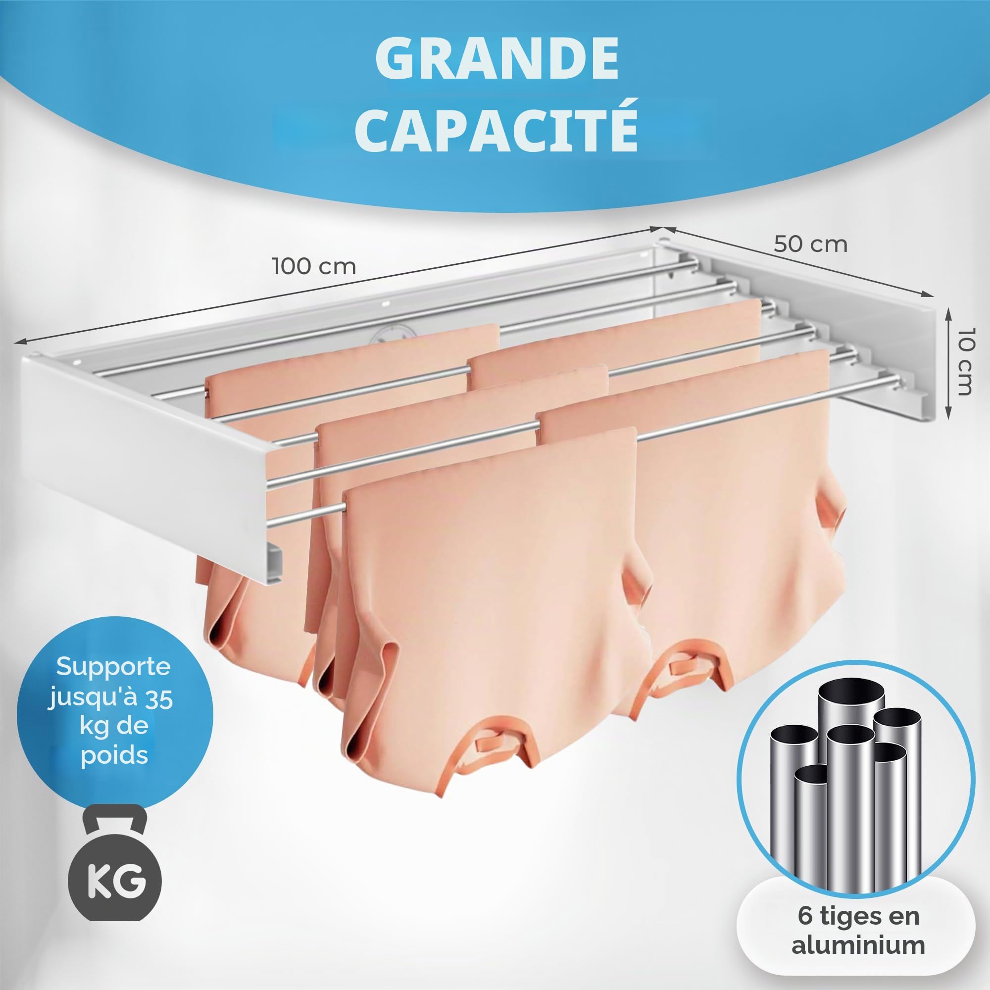 N 18.28 - Étendoir extensible mural rétractable - Étendoir pliable mural pour intérieur ou extérieur - Économie d'espace - Compact - 35 kg de capacité - 6 tiges - 100 cm (blanc)