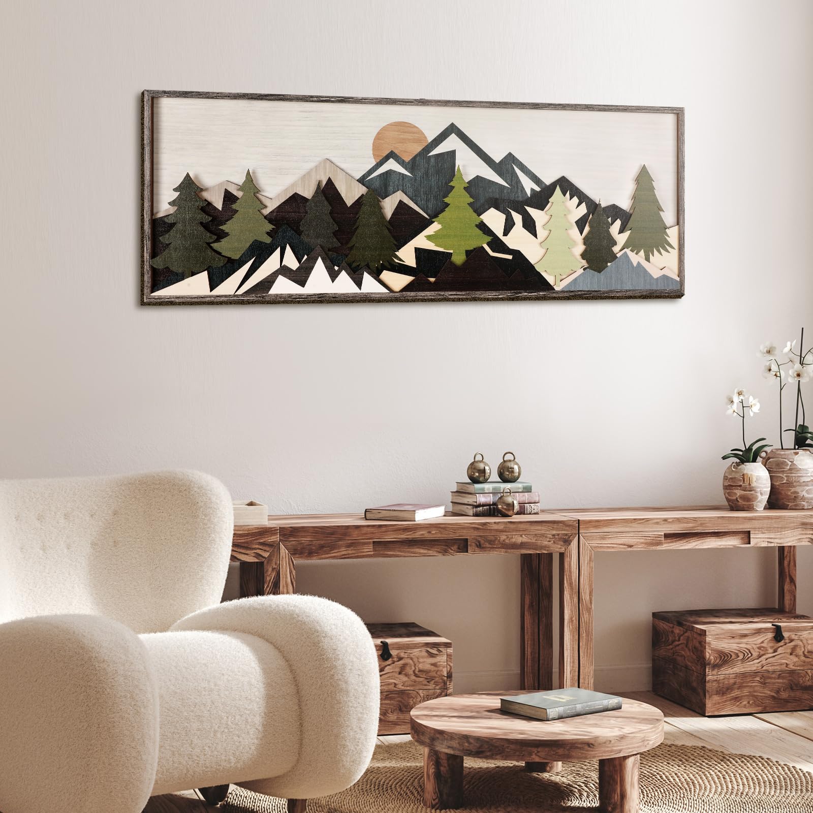 Burbell Mountain Sun Wood Wall Art Minimalist Boho Mountain Sunshine Wall Decor 35'' x 12'' Large Above Bed Wall Decor Panoramic Mountain Sunset Bedroom Decor for Home Living Room Office(Mountain)