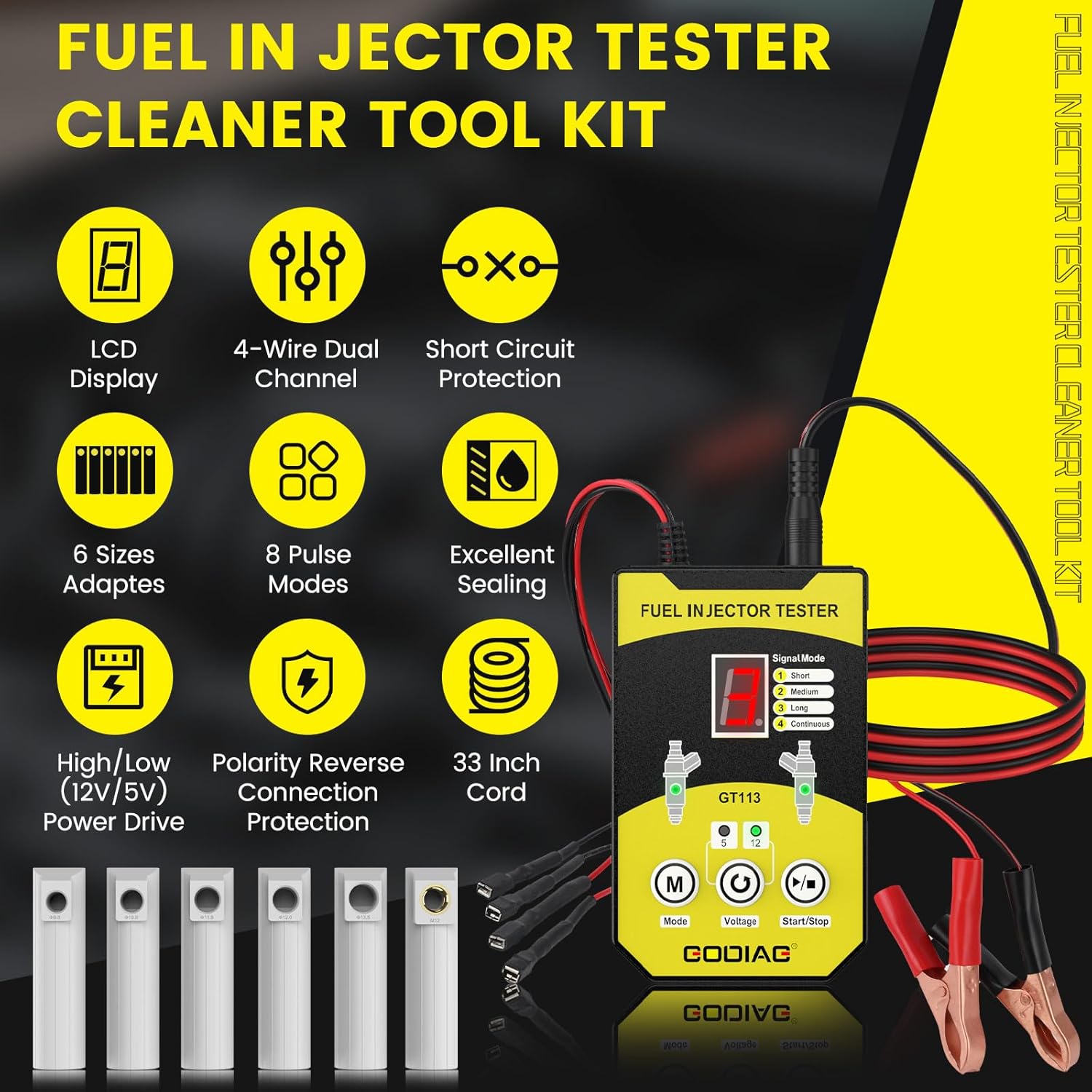 GODIAG Fuel Injector Tester Cleaner Kit, 8 Pulse Modes Injector Tester 6 Size Cleaning Adapters 12V/5V Output Power Drive, 4 Wire Dual Channel DIY Fuel Injector Cleaner Tools