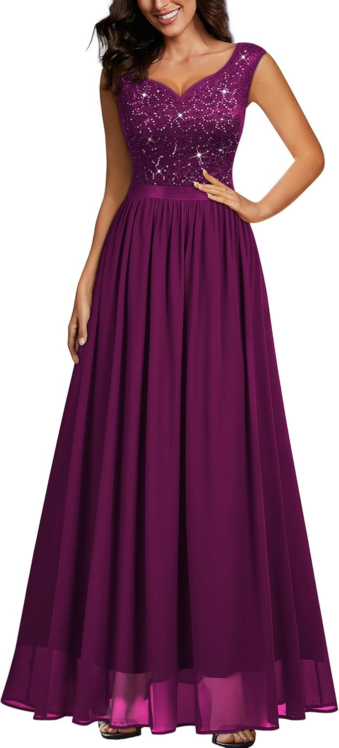 Miusol Women's Sexy Deep V-Neck Sequin Lace Double Sleeveless Evening Party Maxi Dress