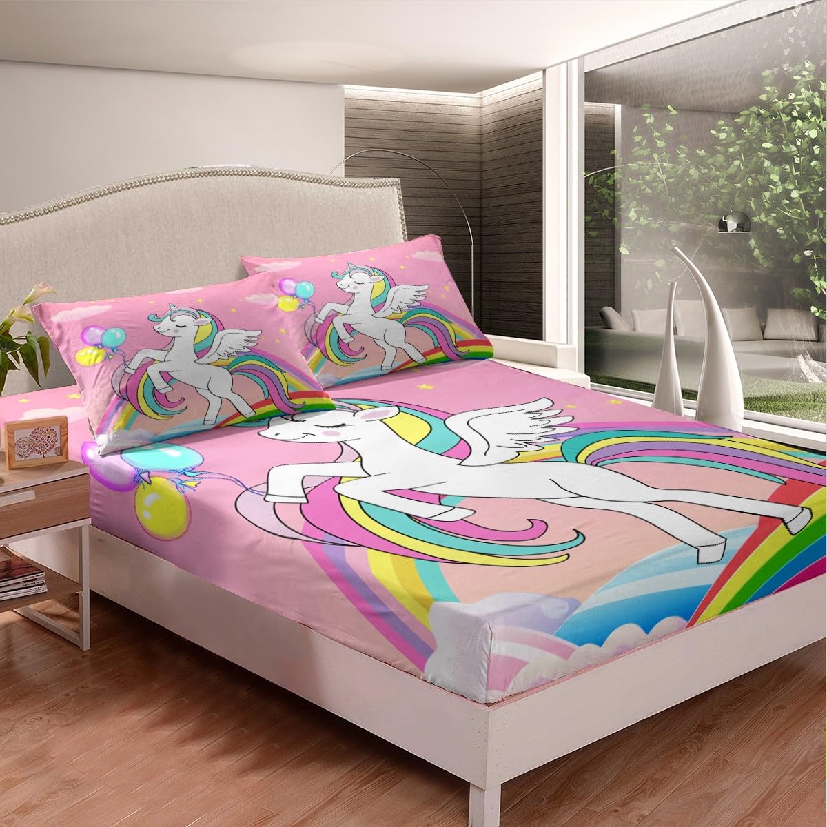 Juego de sábanas de unicornio para niñas, lindo juego de sábanas de unicornio con estrellas de arco iris con bolsillo profundo para niños, juego de ropa de cama de microfibra de caballo de ensueño de