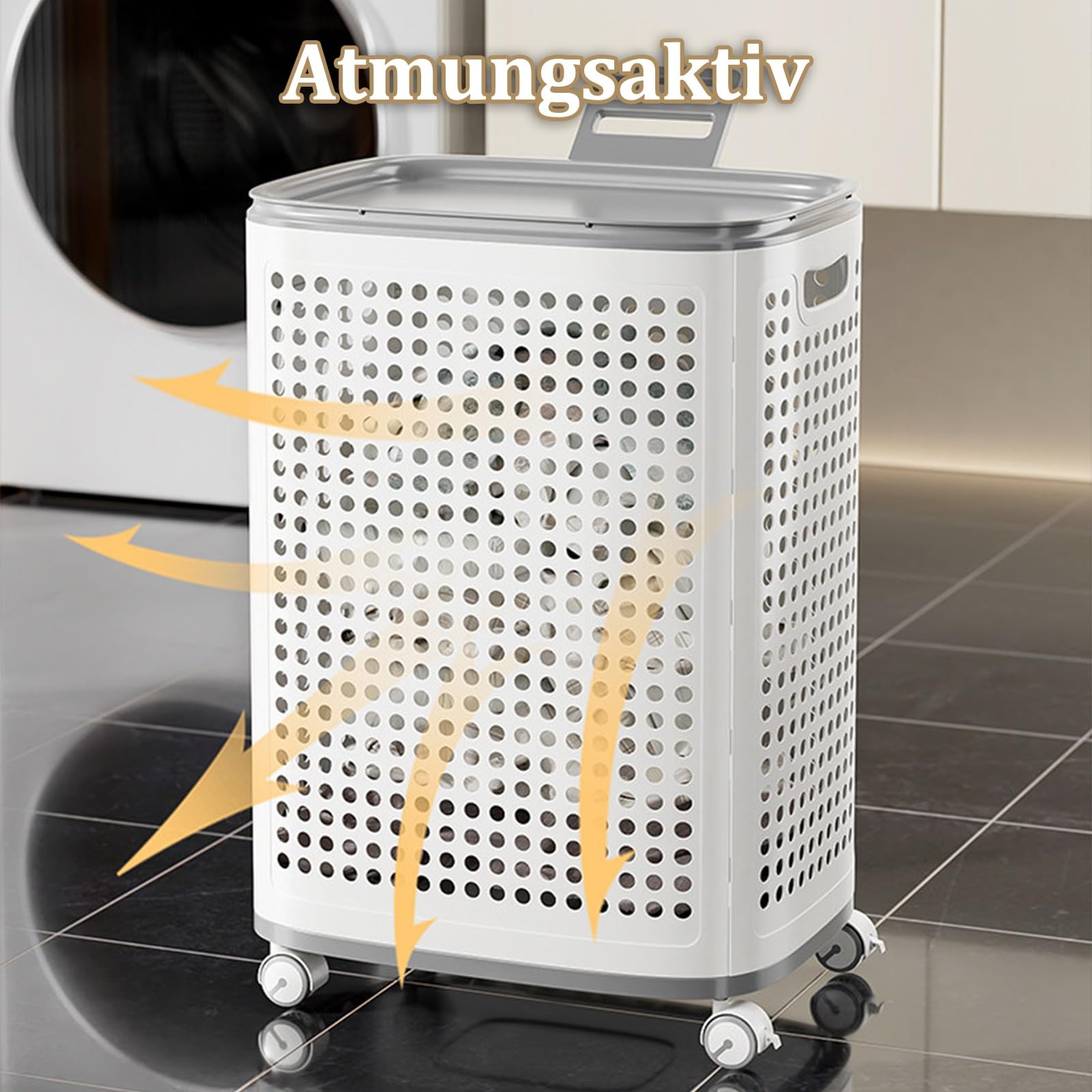 Wäschekorb mit Rollen und Deckel, Großer Atmungsaktives Hohldesign
