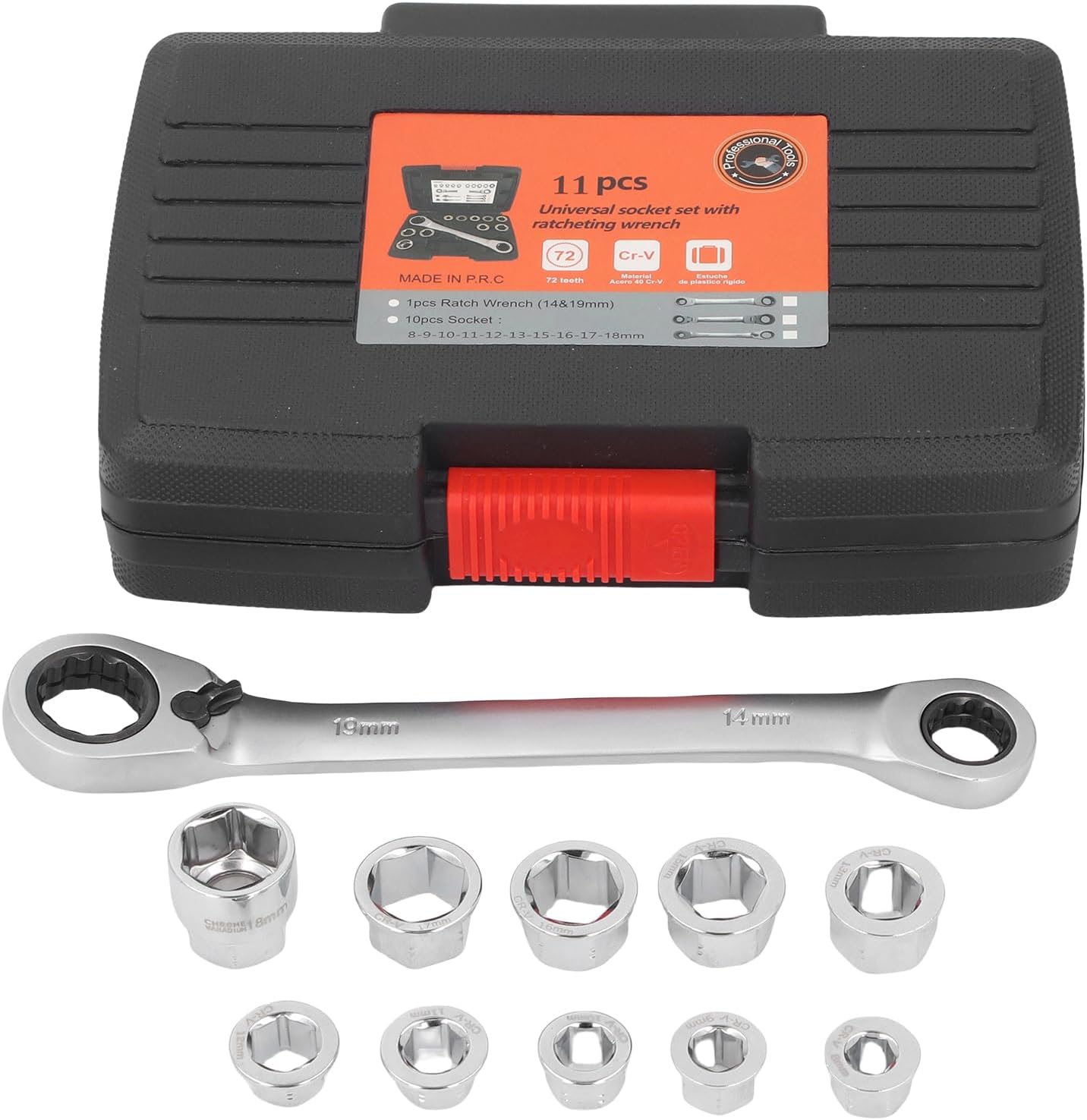 Professional Ratchet Wrench Set Reversible 14mm 19mm 72 Tooth 12 Point Double Box End Ratcheting Wrench with 10 Replacement Heads for Automotive Repair and Industrial Maint