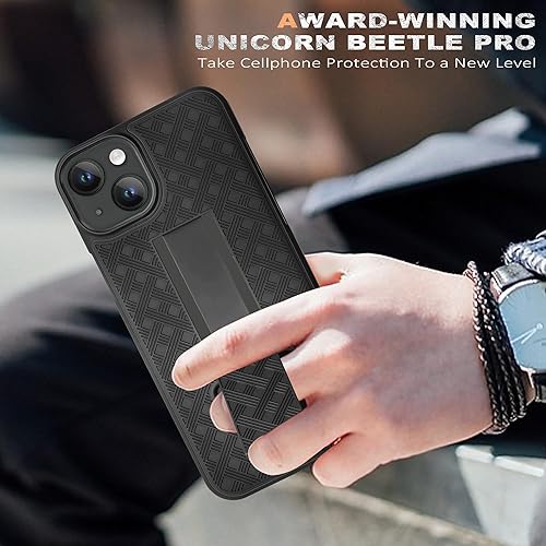 Miniatura 7 de Fingic Funda para iPhone 15, iPhone 15 con clip para cinturón, funda delgada combinada con soporte giratorio para cinturón, funda protectora