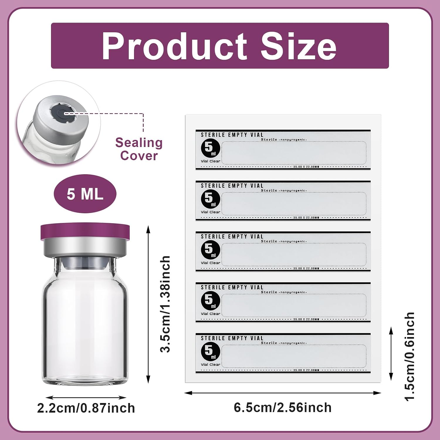 Threlaco 20 Pcs 5ml Sealed Sterile Empty Vials with Self Healing Injection Port Glass Penicillin Bottle with 20 Label Stickers(Purple)