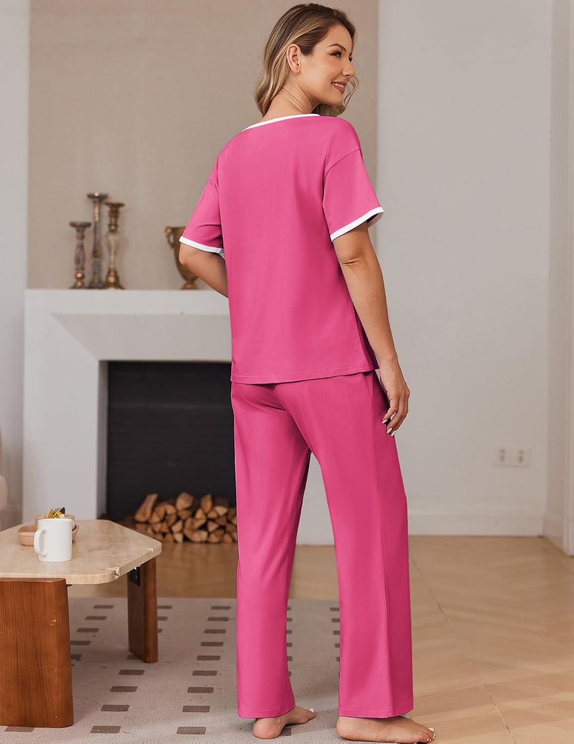 Ekouaer 100% Cotton Pajama for Women Short Sleeve Pj Top With Long Pants 2 Piece Lounge Set with Pocket - Image 6