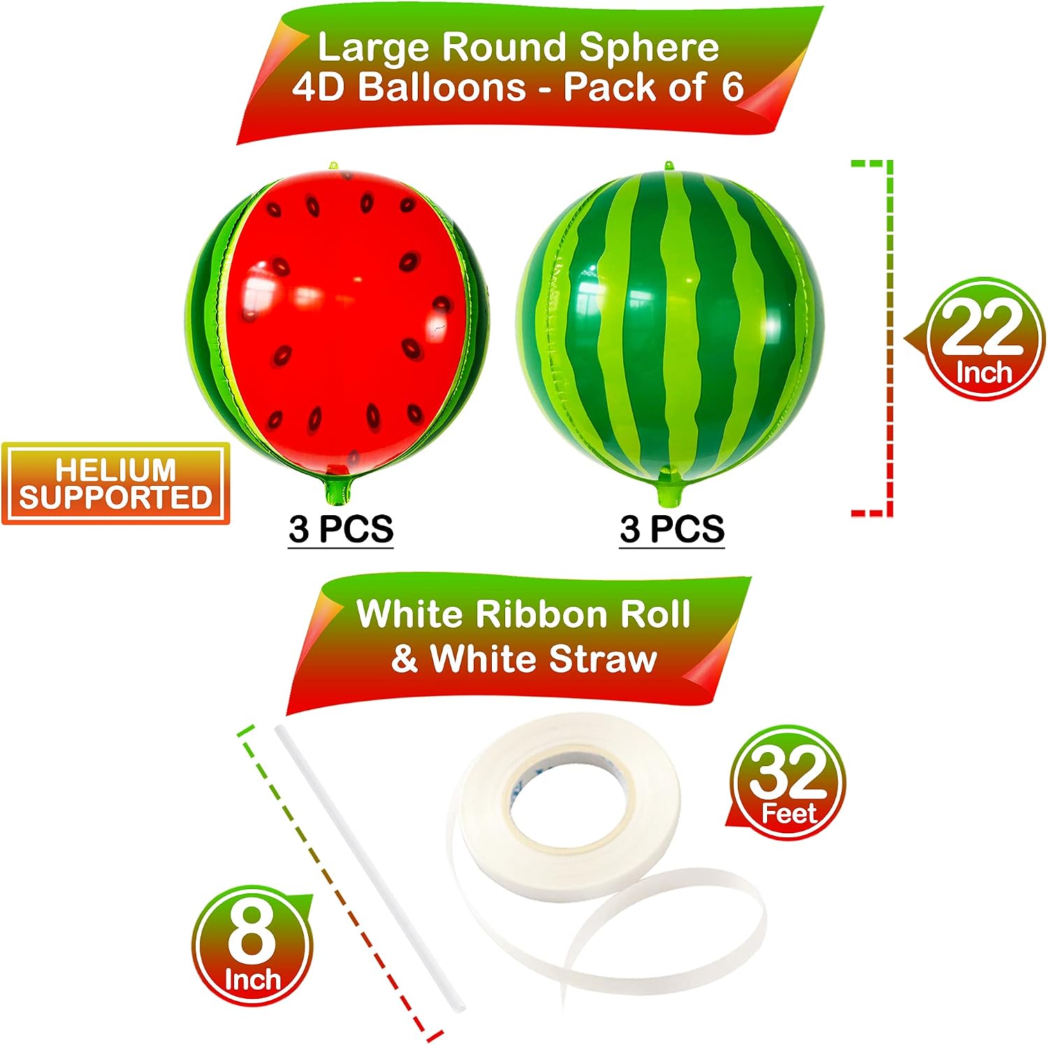 KatchOn, Big Watermelon Balloons - 22 Inch, Pack of 6 | Summer Balloons For Watermelon Birthday Decorations | One In A Melon Party Decorations for Summer Birthday Decoration