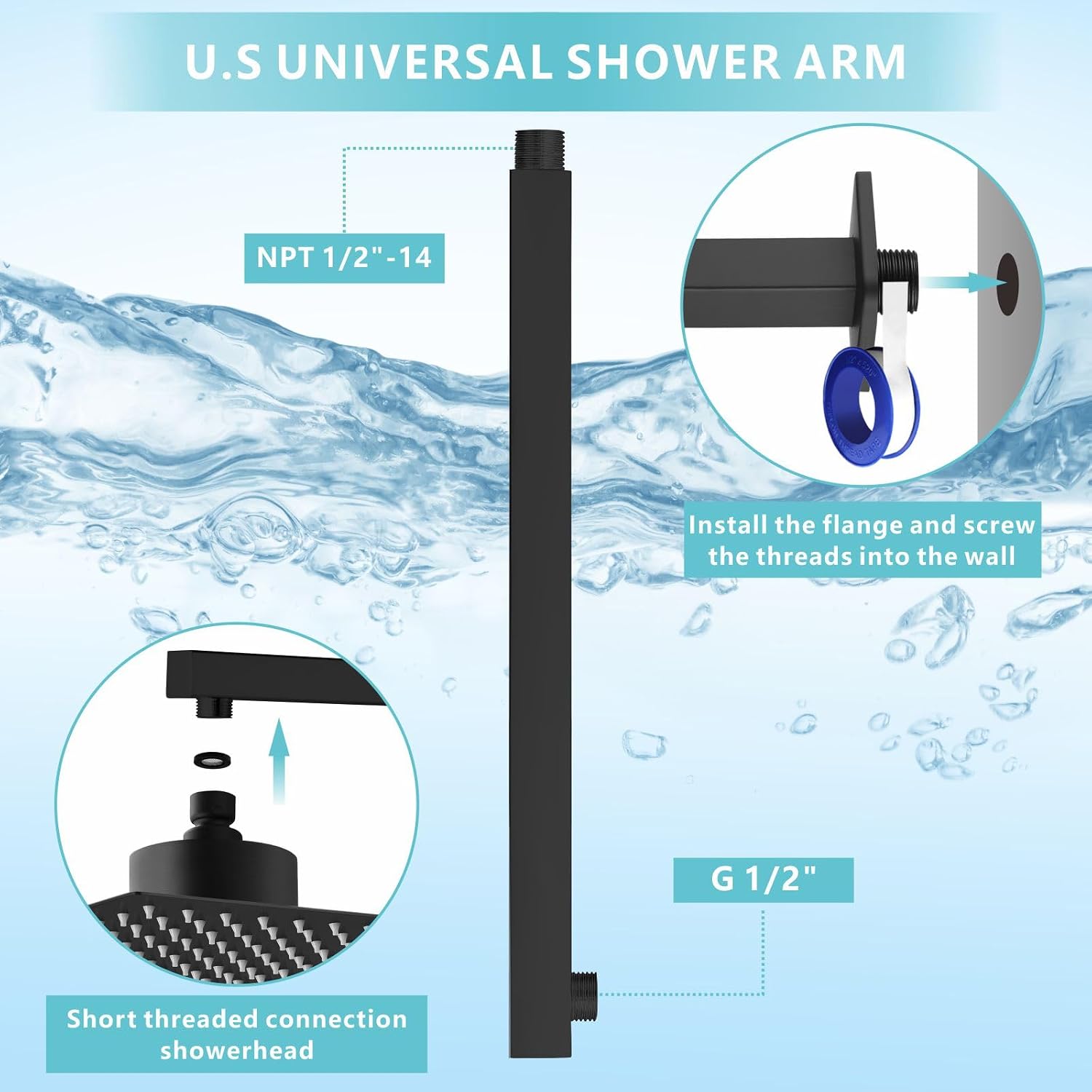 Shower Arm with Flange, 16 Inches Wall Mount Square Straight Extension Arm, Replacement of Fixed Rain Shower Head Pipe, Matte Black