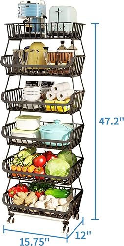 Miniatura 42 de Wisdom Star Cesta de frutas de 5 niveles para cocina, carrito de almacenamiento de verduras con mesa de madera, cesta de verduras para cebollas y