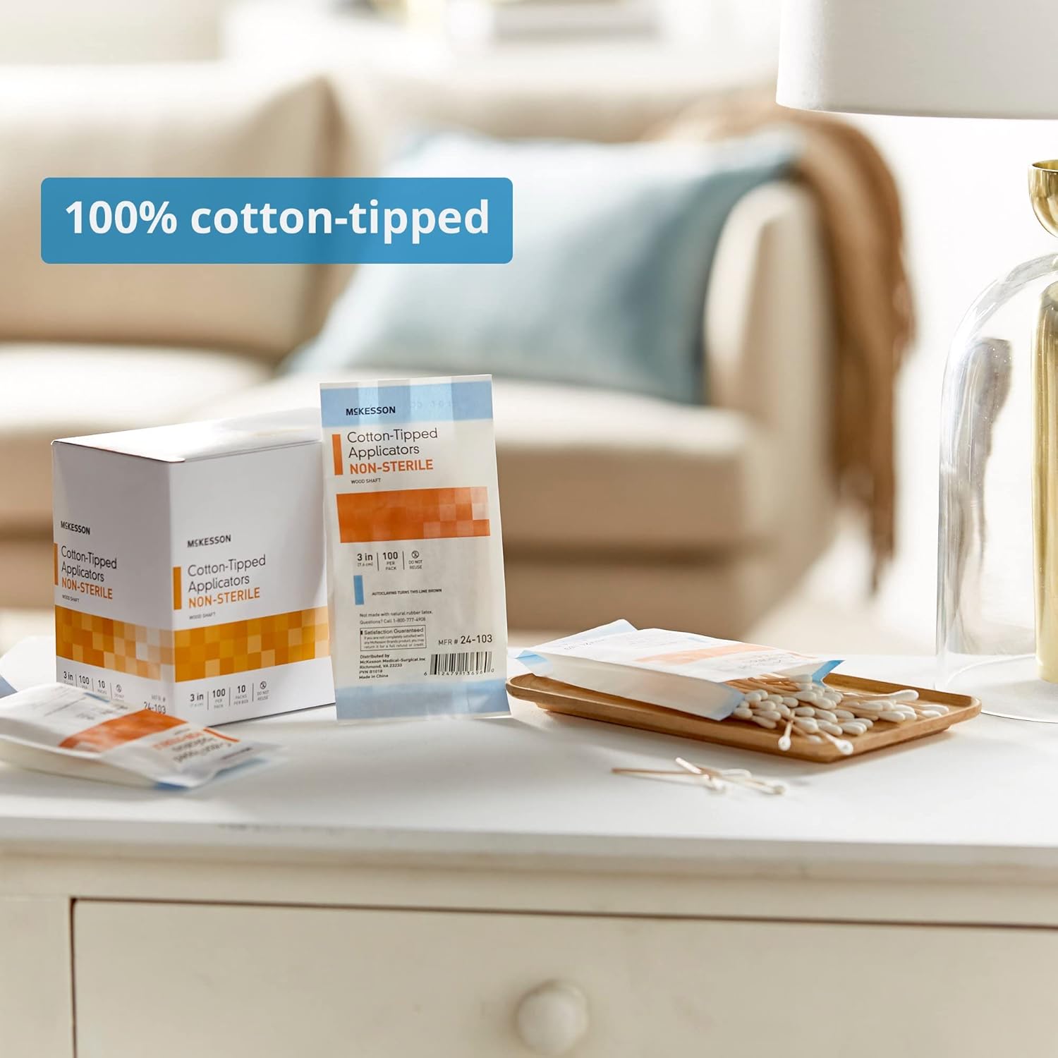 McKesson Cotton-Tipped Applicator Swabstick, Non-Sterile, Wood Shaft, 3 in, 100 Count, 100 Packs, 10000 Total