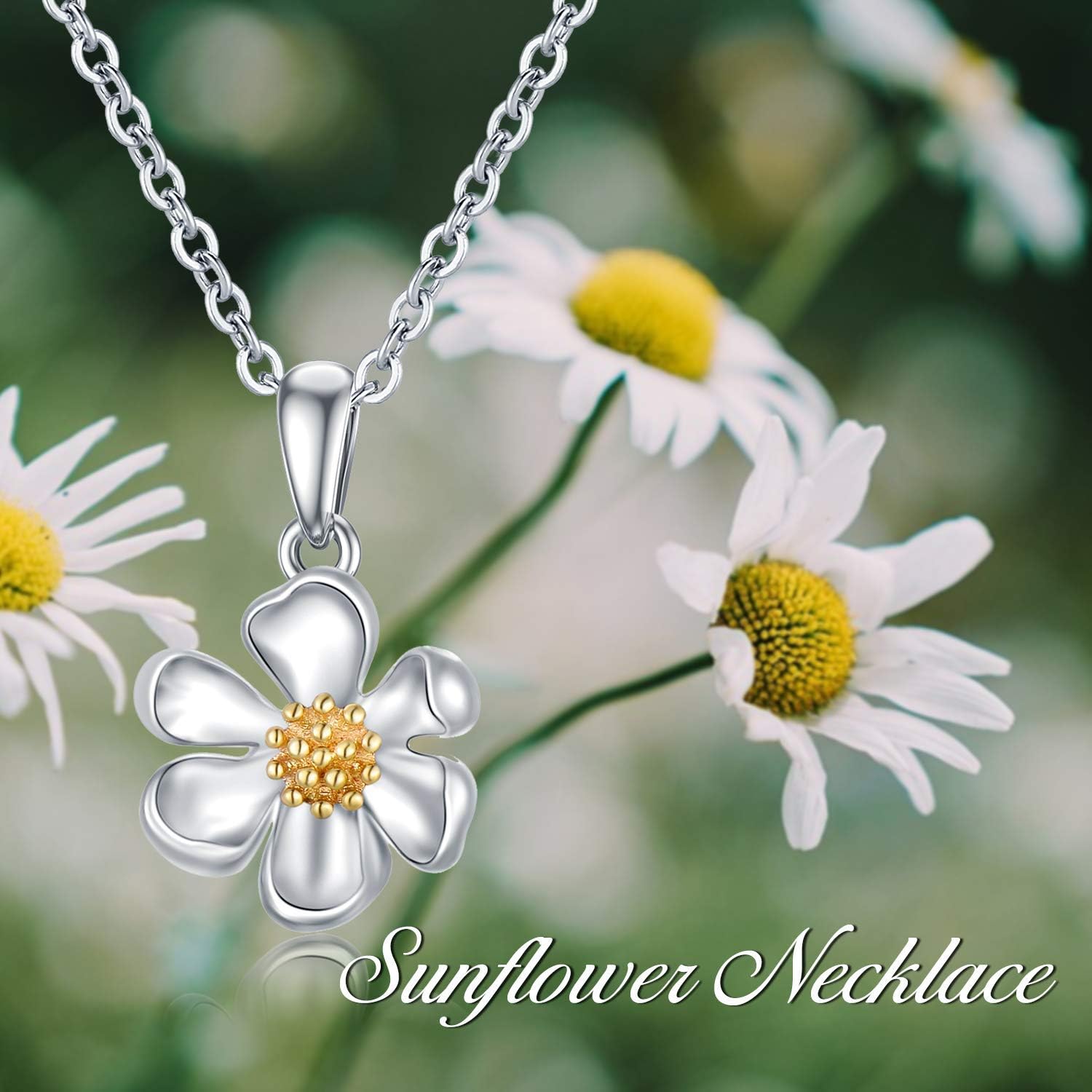 Solid 14K White Gold Daisy Necklace for Women, 14kt Real Gold Daisy Flower Pendant Necklace Jewelry Gifts Anniversary Mother Day Birthday for Her, 16+2 Inch