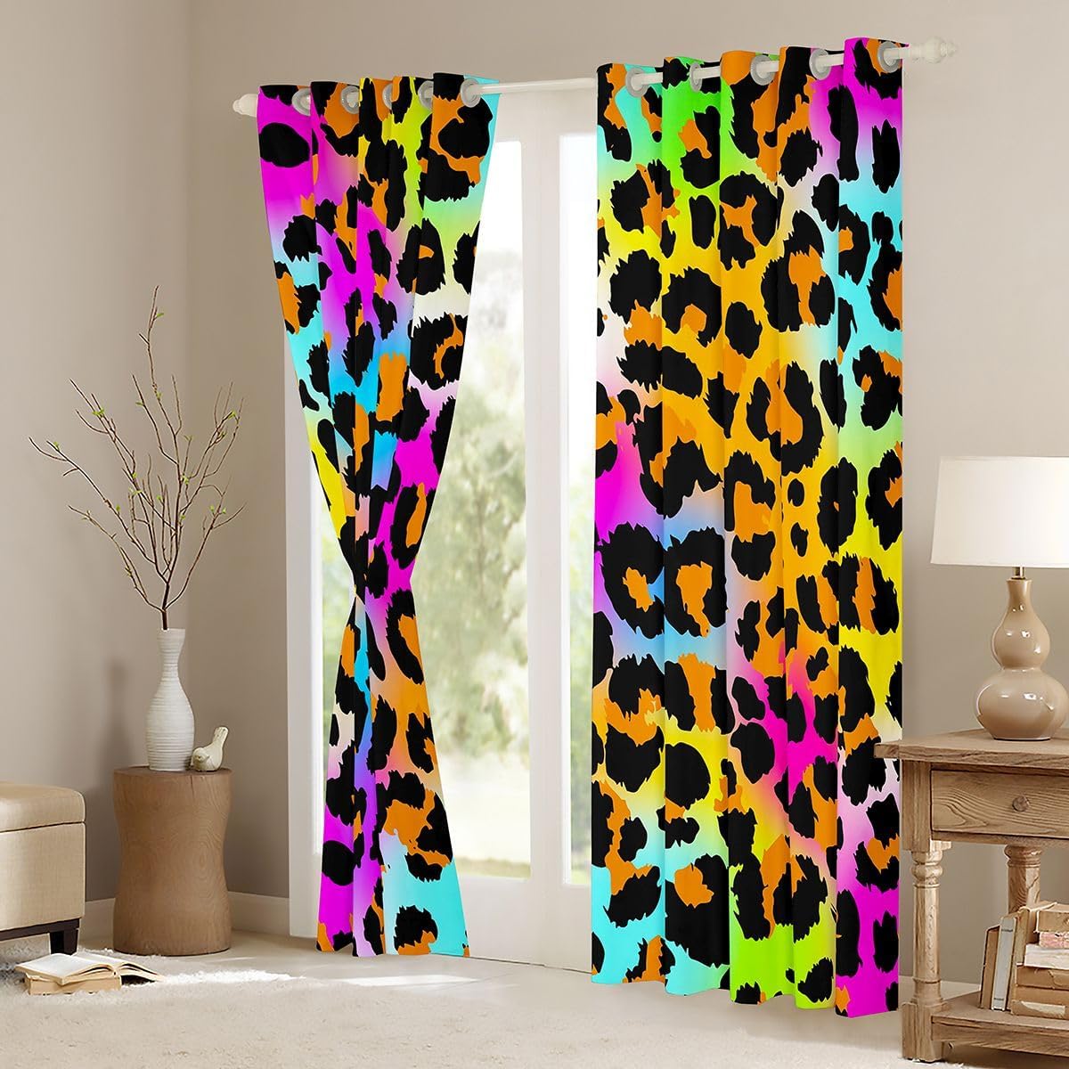 Feelyou Leopard Curtains Neon Rainbow Leopard Fur Window Drapes Mottled Exotic Panthera Skin Window Curtains for Bedroom Decor Colorful Camouflage Safari Theme Window Treatments, 42x63 Inches,2 Panels
