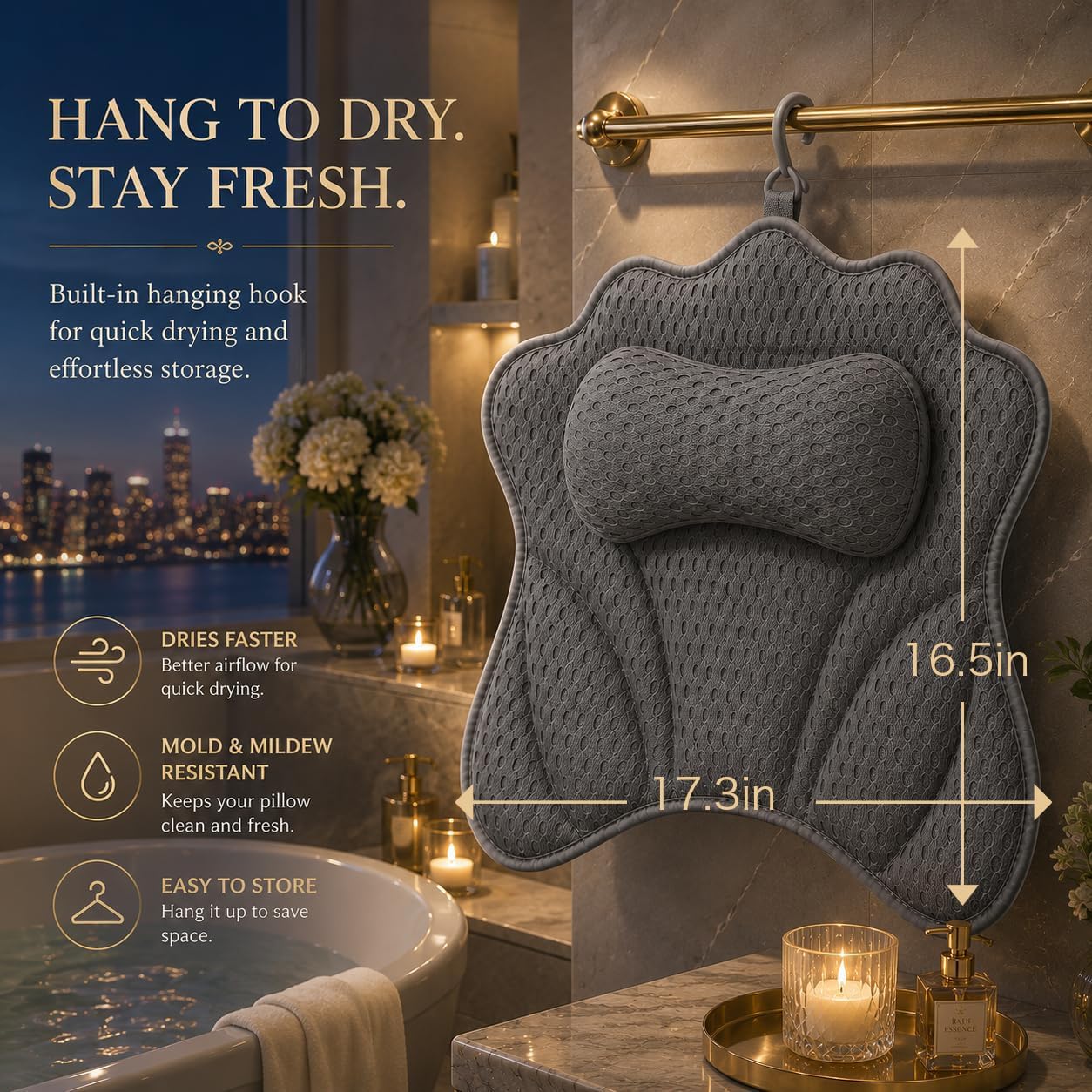Luxe Bath Pillow for Tub Quick-Dry 4D Mesh,Head, Neck & Back Support (Gray)