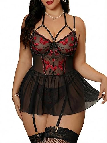 Alrovetoney Plus Size Lingerie For Curvy Women Ruffle Lingerie Set Sexy Lace Lingerie Set Garter Belt With Stockings - Black Butterfly - 3X-Large