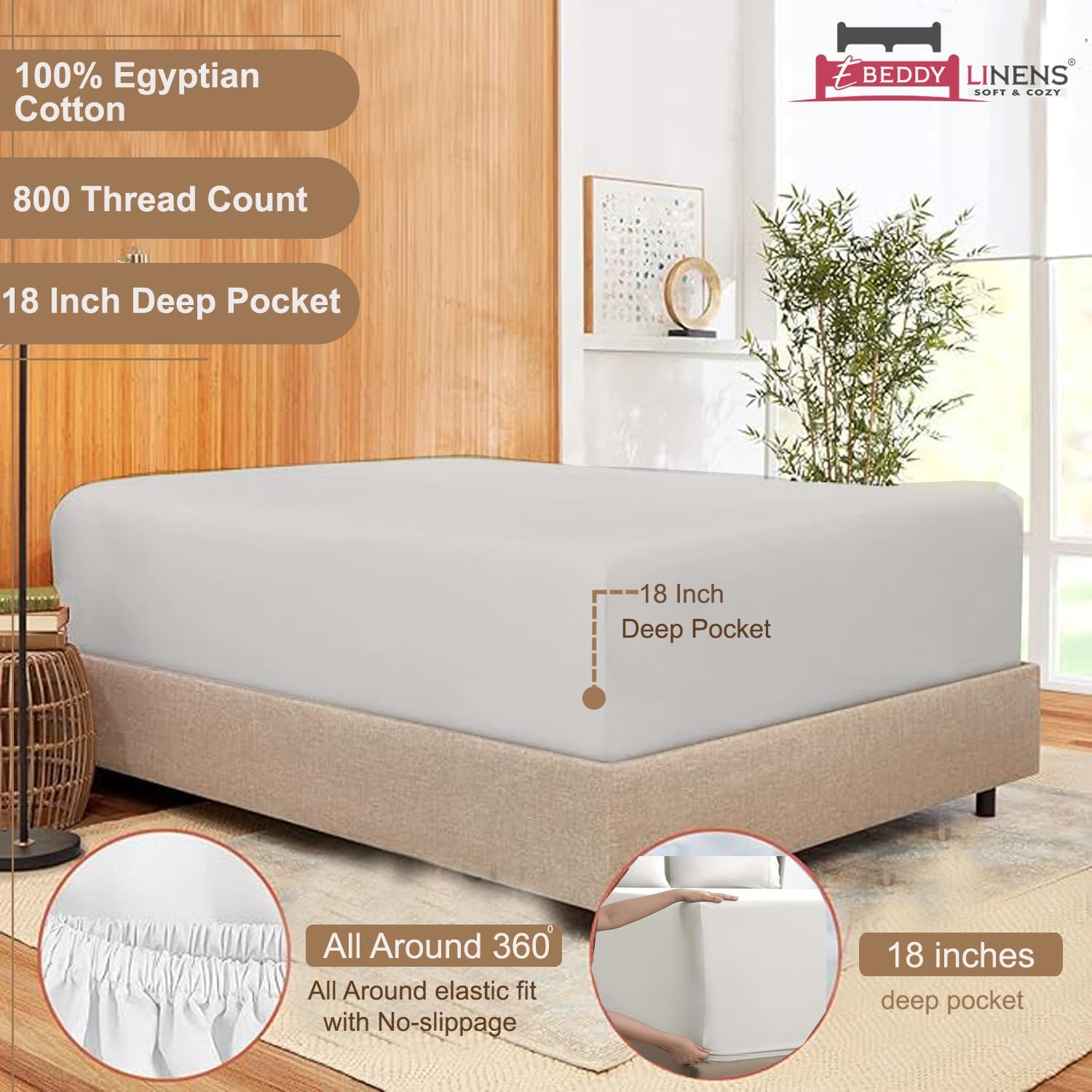eBeddy Linens Expanded Queen Sheet Set Certified Egyptian Cotton 800 TC Soft and Silky Bed Sheet with Fitted Sheet, Flat Sheet, 2 Pillow Cases Fit up to 18 Inch Deep Pocket, Silver Solid